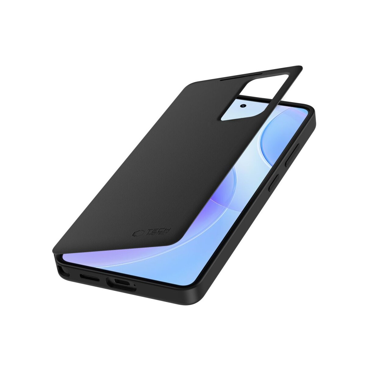 Schwarze Handyhülle bedeckt teilweise ein Smartphone mit blauem Bildschirm.