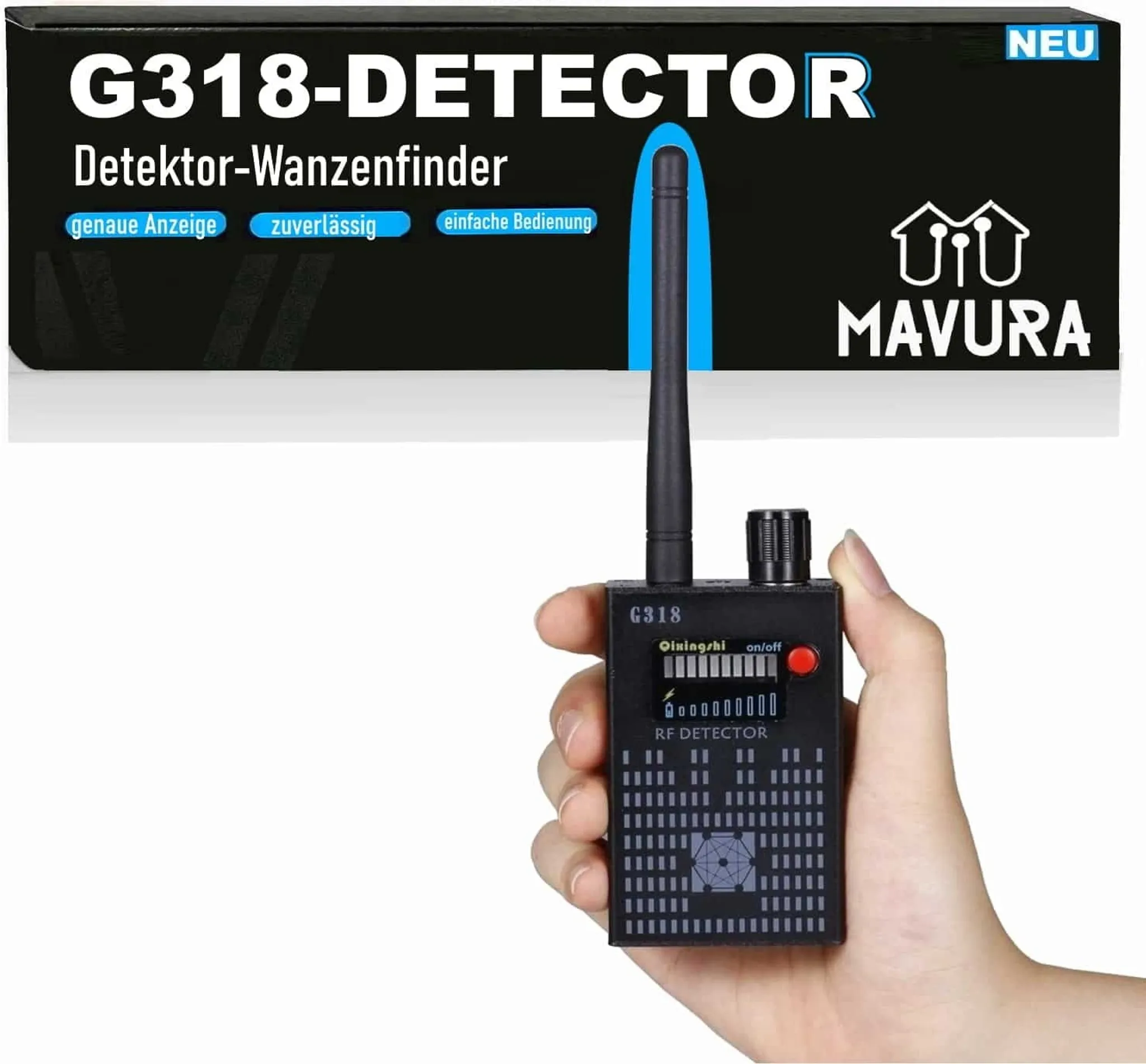 Hand hält schwarzen RF-Detektor mit Antenne. Oben schwarz-blaue Box mit G318.