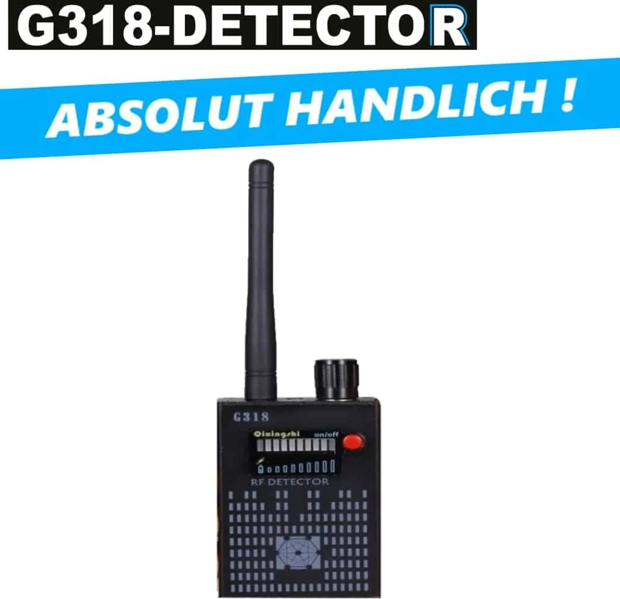 Ein schwarzer RF-Detektor mit Antenne und Display, weiße Schrift auf blauem Band.