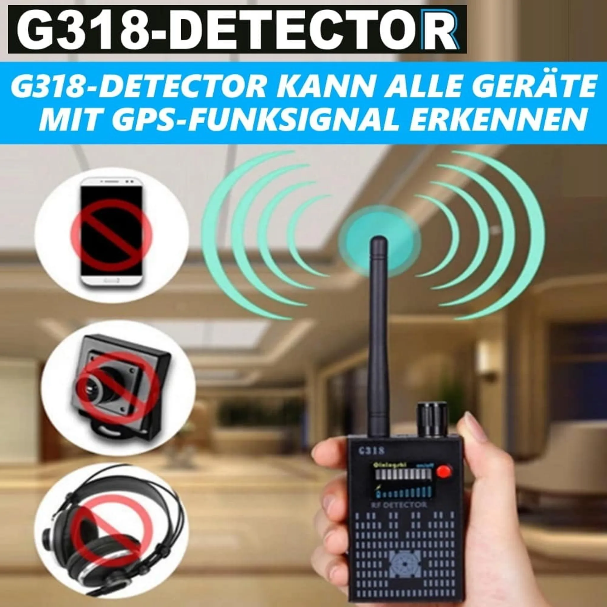 Ein RF-Detektor wird in einer Hand gehalten, der Signale erkennt. Symbole zeigen Handy, Kamera und Kopfhörer.