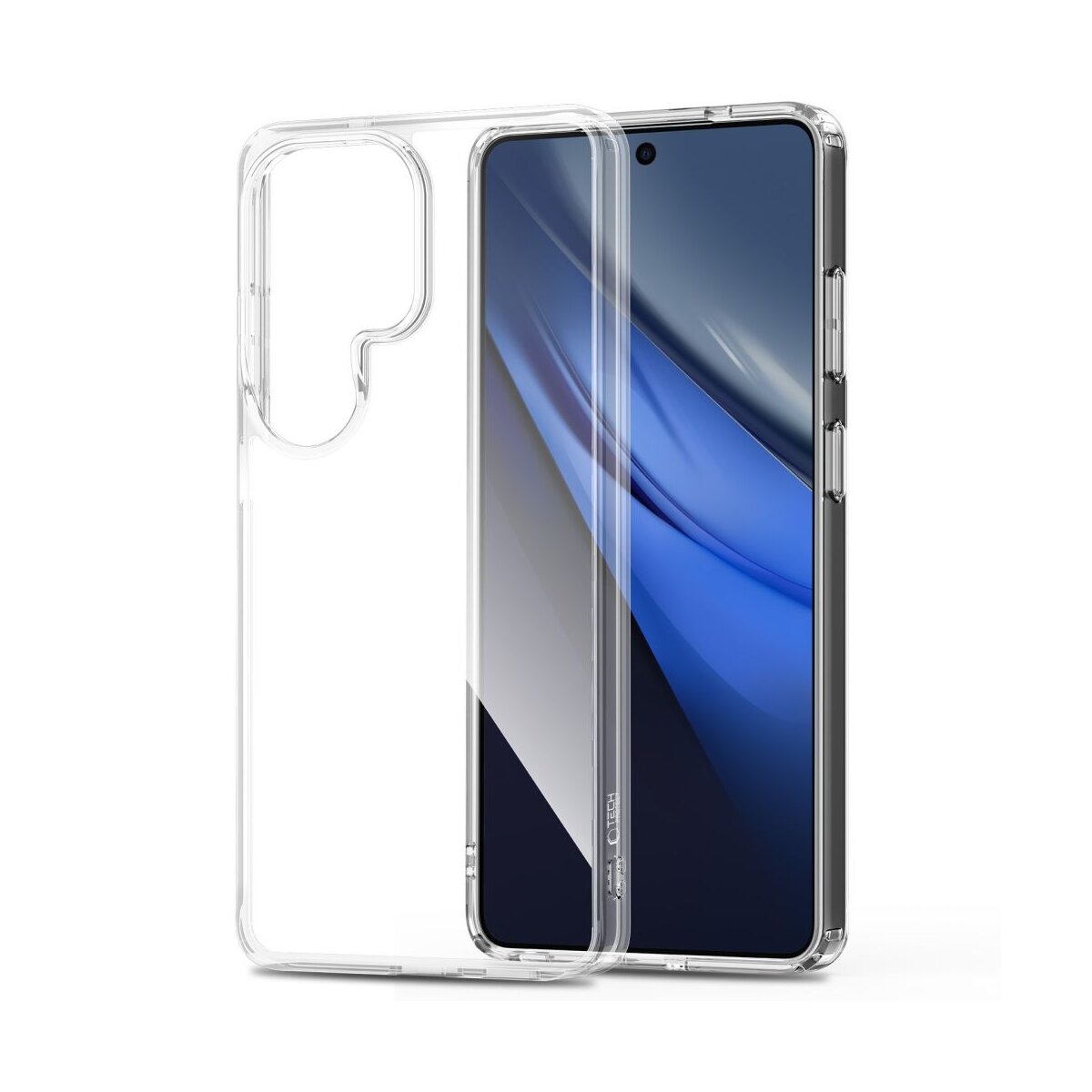 Ein durchsichtiger Handyhülle liegt auf einem Smartphone.