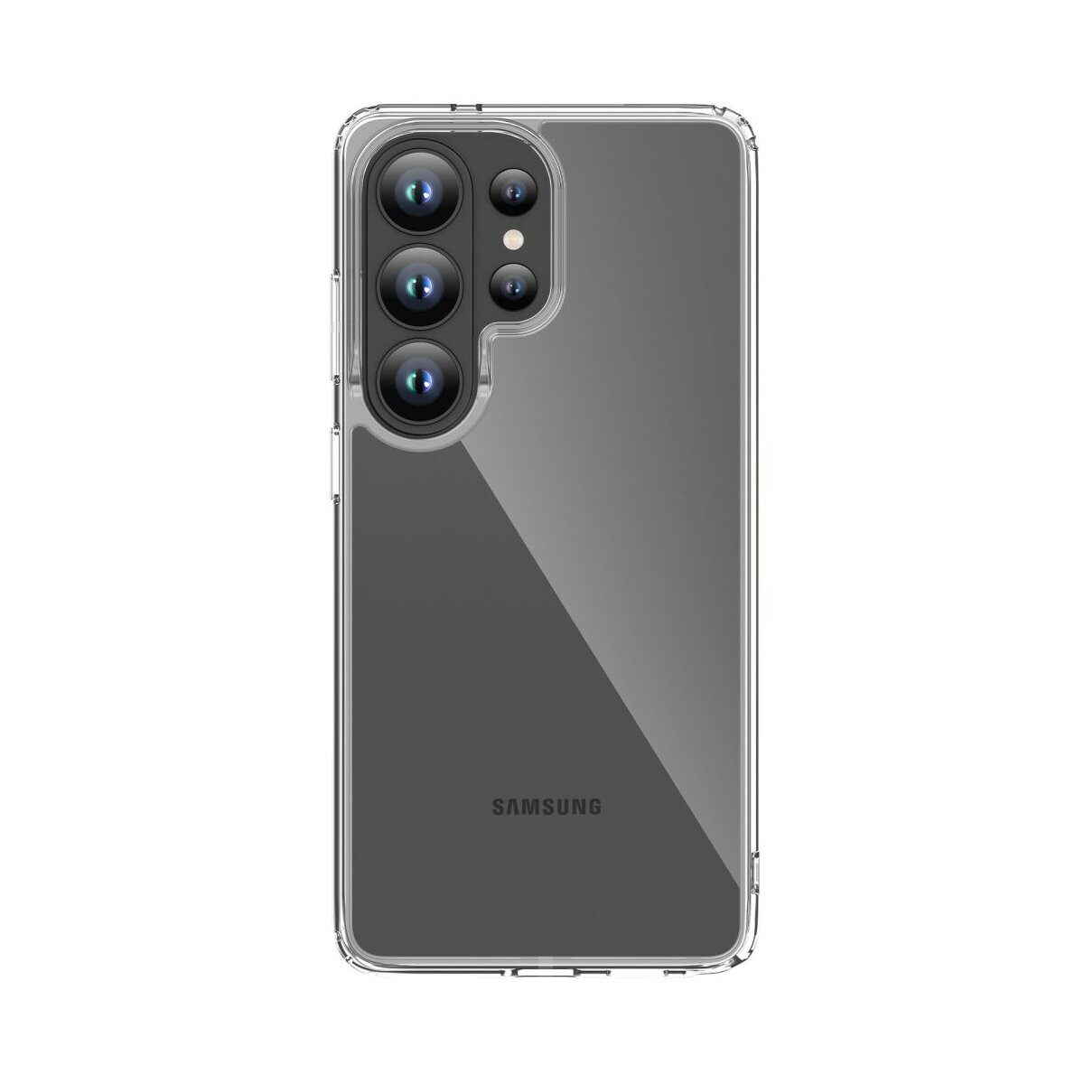 Ein transparenter Handyhülle mit vier Kameralinsen. Samsung-Logo unten.