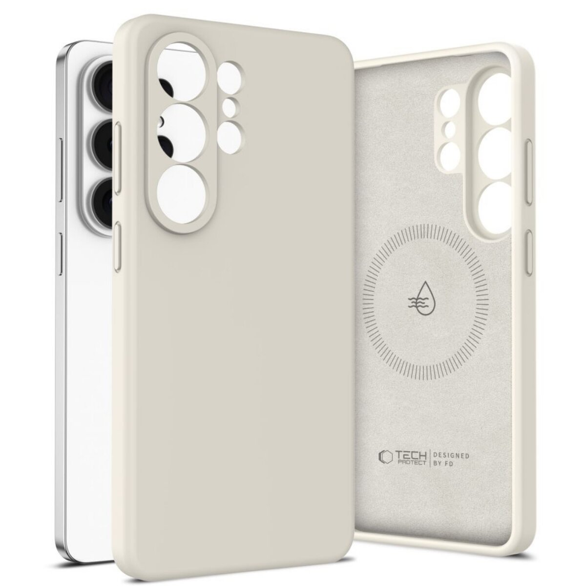 Eine beige Handyhülle mit Kameraaussparungen wird neben einem weißen Handy gezeigt.