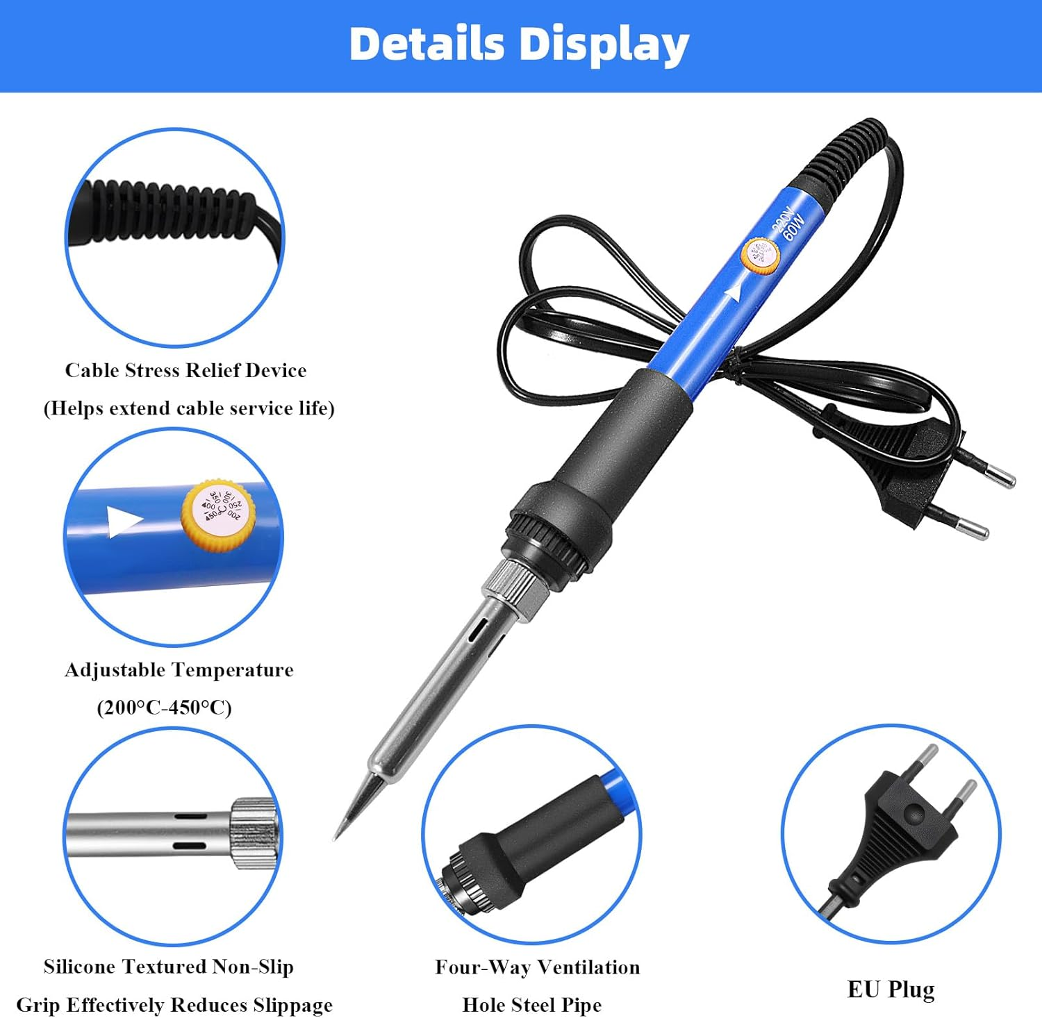Blauer Lötkolben mit Kabel, Temperaturregler und EU-Stecker.