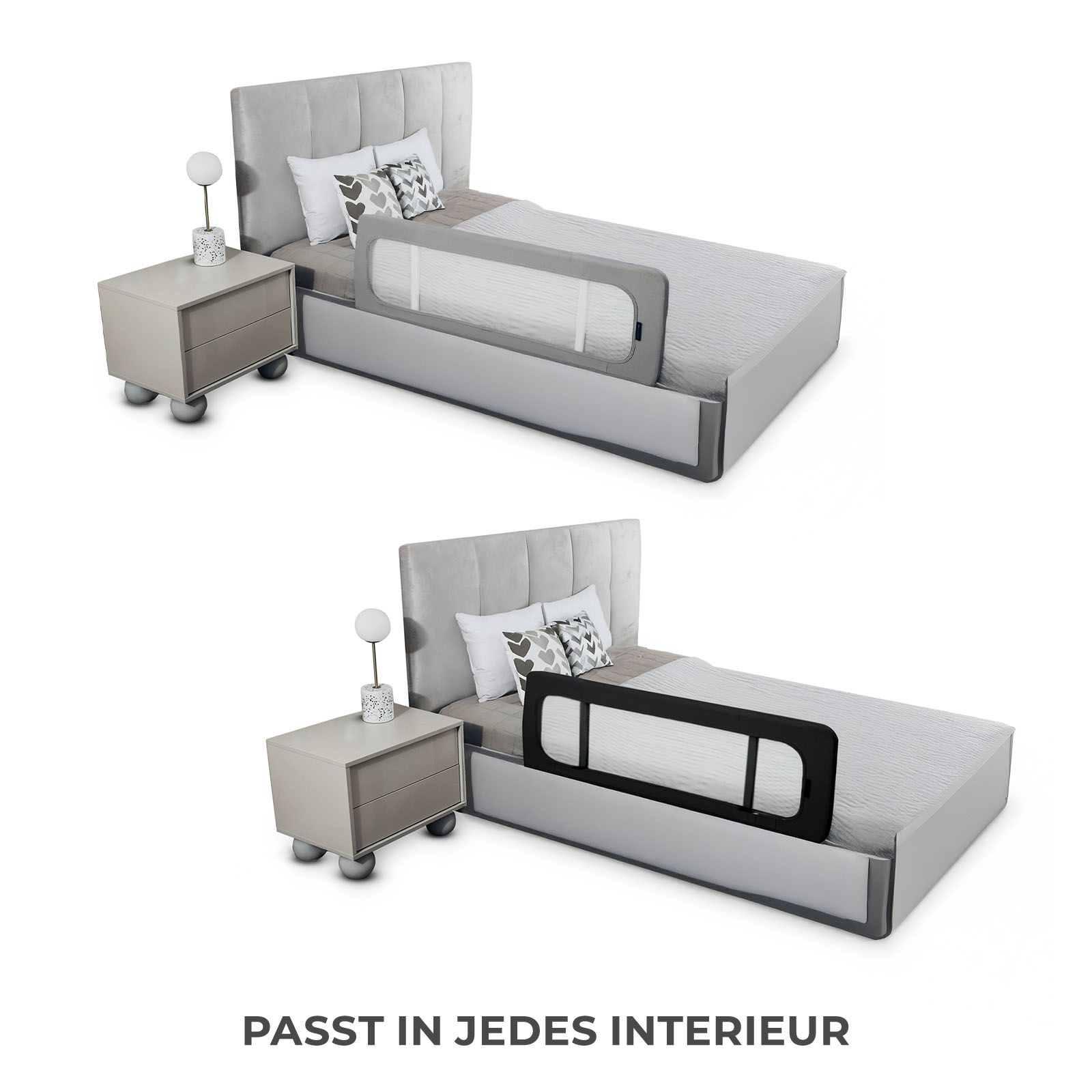 Ein Bett mit zwei Nachttischen, eines mit grauem, eines mit schwarzem Bettgitter.