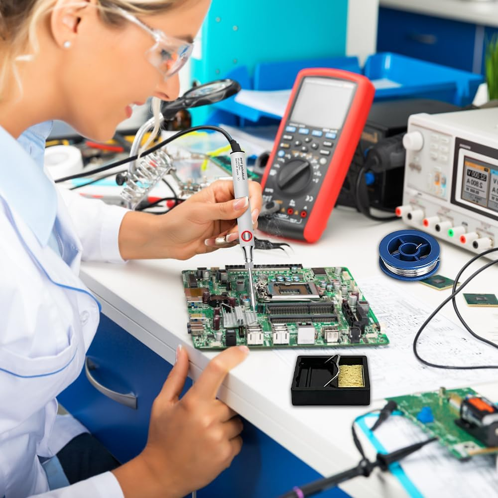 Frau lötet an einer Platine mit Lötkolben, Multimeter und Drahtrolle im Hintergrund.