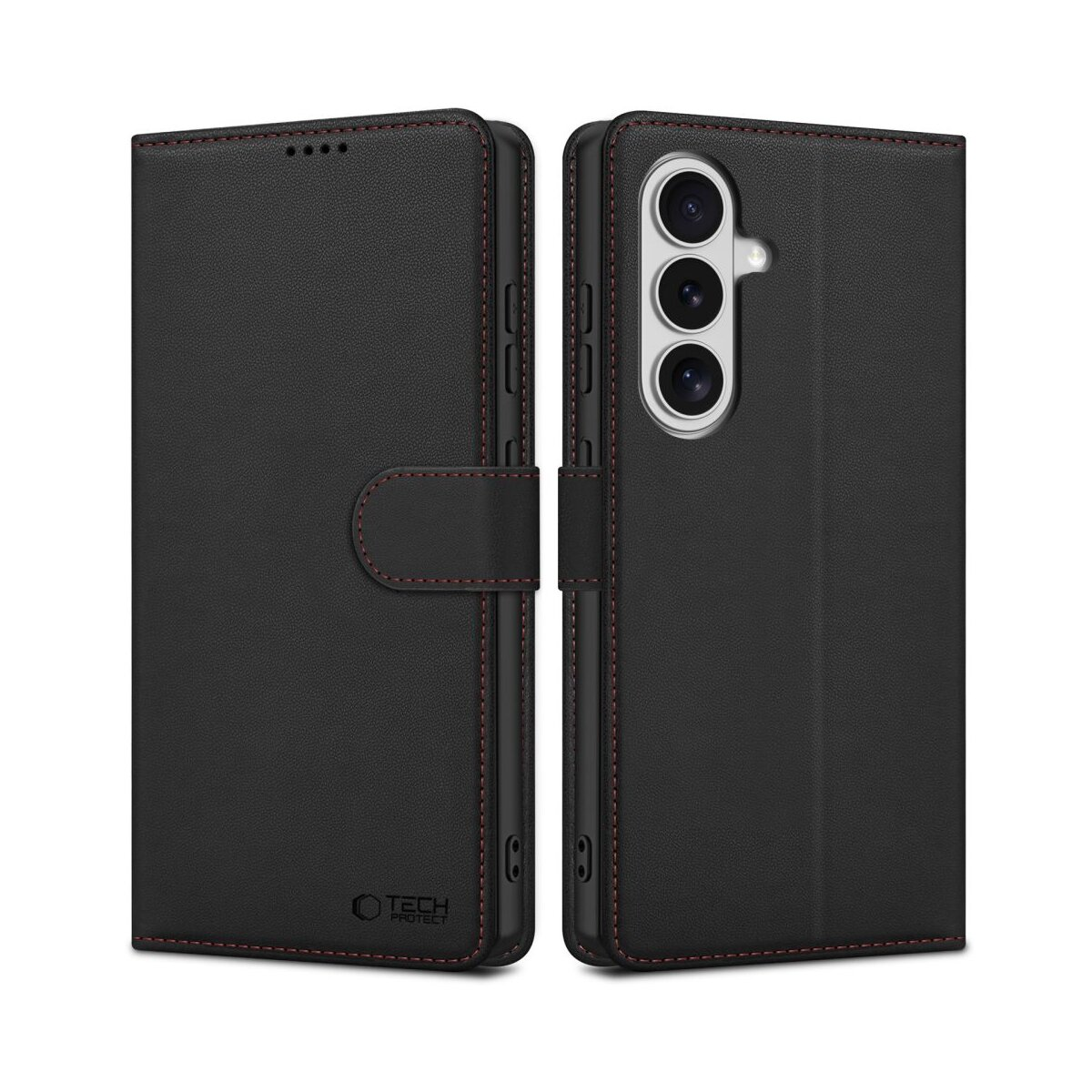 Schwarzes Leder-Flipcase mit roten Nähten, offen und geschlossen.