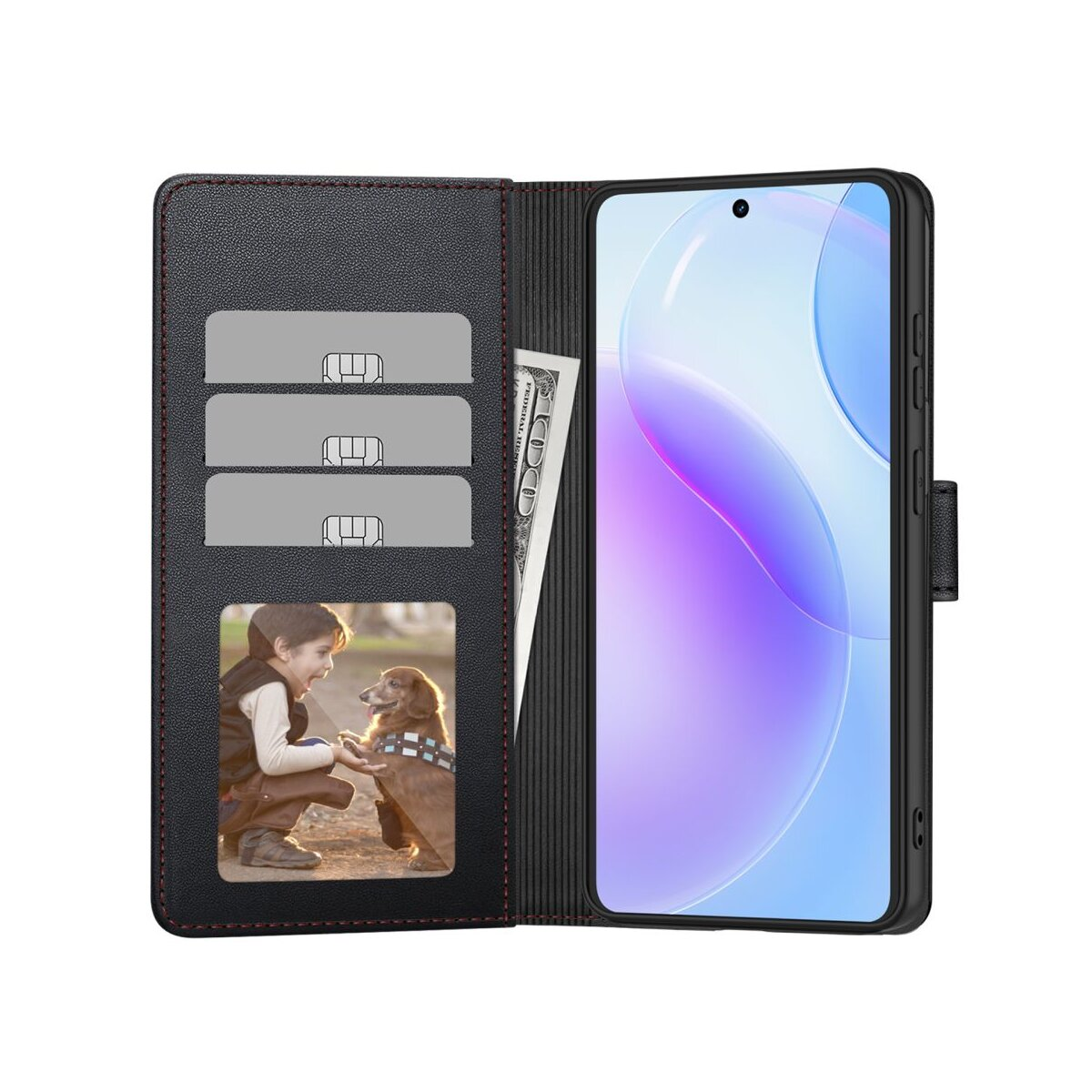 Schwarze Brieftaschenhülle mit Kartenschlitzen, Foto von Junge und Hund und Telefon mit buntem Bildschirm.