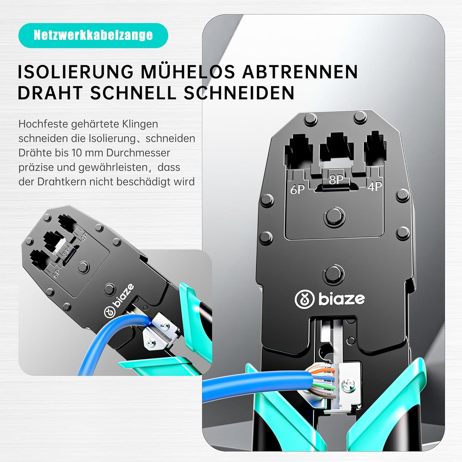 Netzwerkkabelzange mit 6P, 8P, 4P Steckplätzen, die Kabel schneidet.