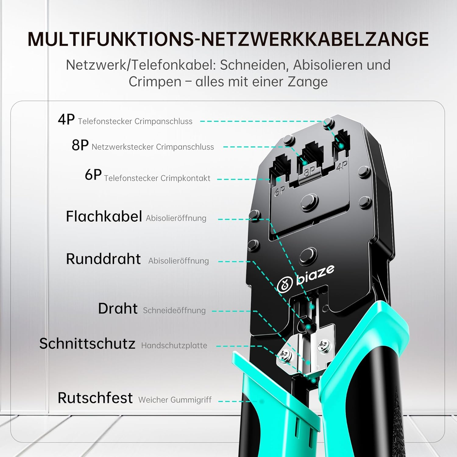 Multifunktions-Netzwerkkabelzange mit beschrifteten Anschlüssen für 4P, 8P, 6P Stecker.