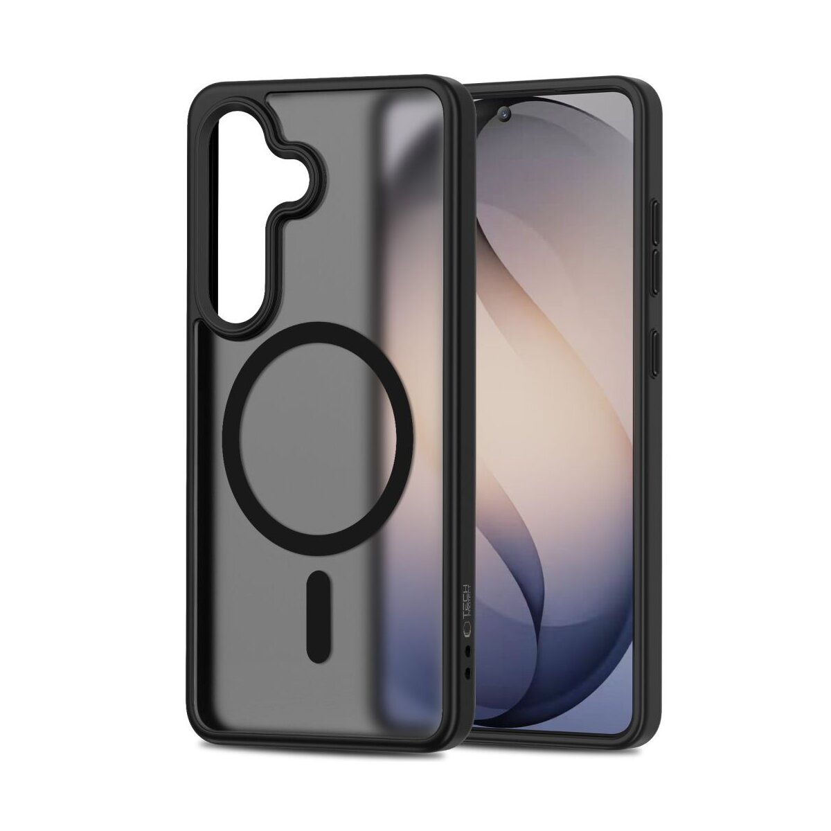 Schwarze Handyhülle mit Magnetring auf transparentem Hintergrund.