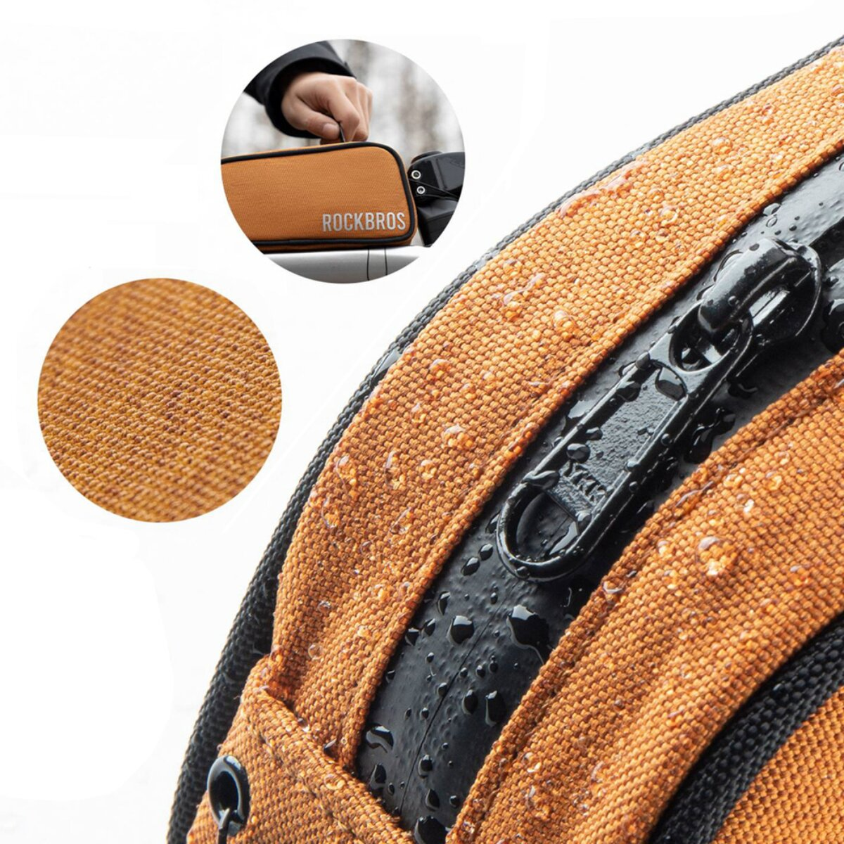 Orange Tasche mit Reißverschluss und Wassertropfen, Nahaufnahme.