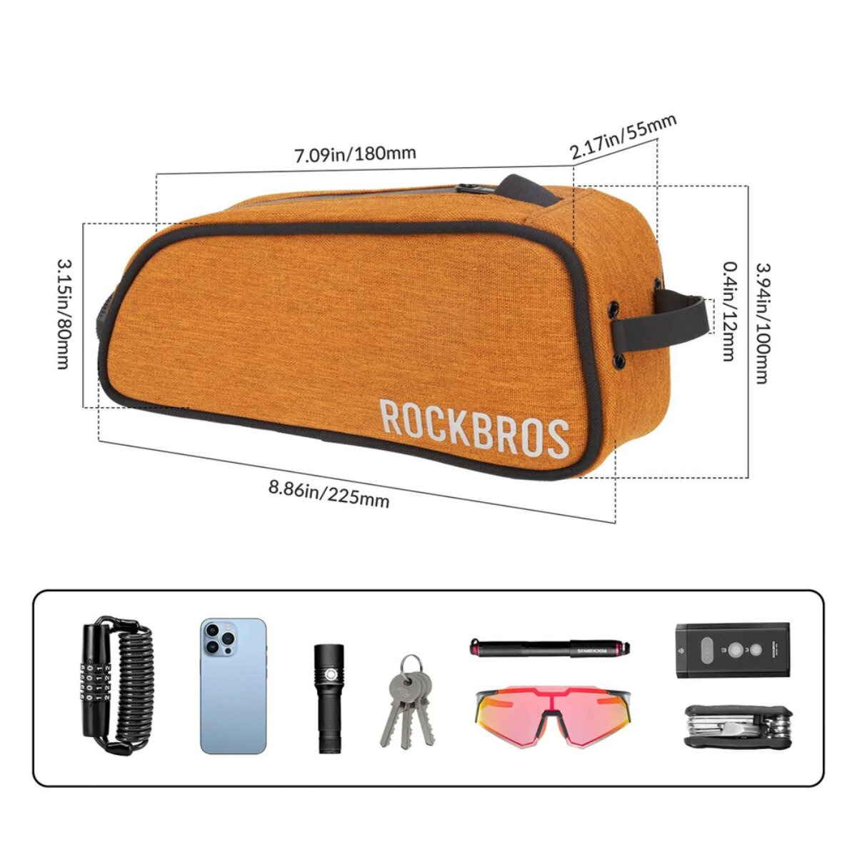 Orange Fahrradtasche mit Maßen und Zubehör: Schloss, Handy, Lampe, Schlüssel, Brille.