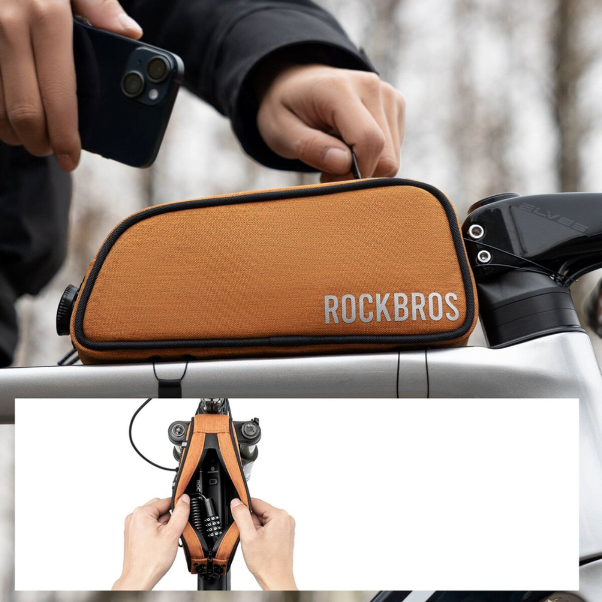 Eine Person legt ein Handy in die Nähe einer braunen Fahrradtasche mit ROCKBROS-Logo.