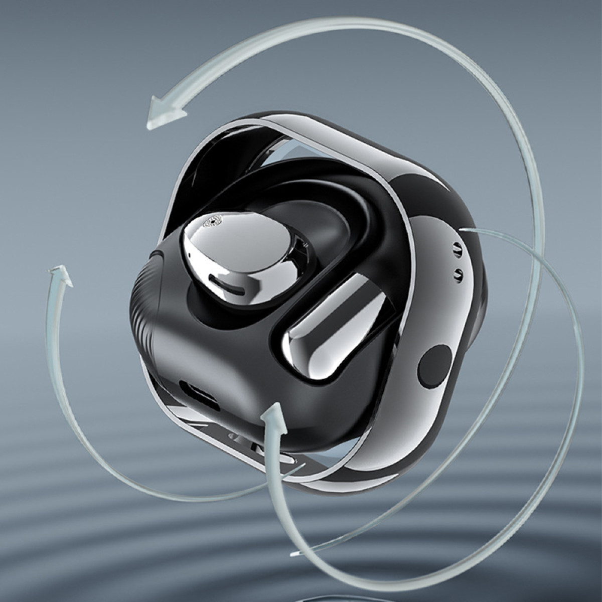 Ein schwarzes Headset mit glänzenden Chromakzenten, umgeben von transparenten Pfeilen.