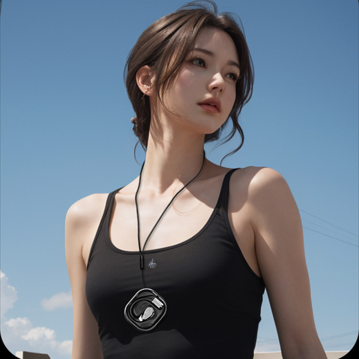 Junge Frau in schwarzem Tanktop mit Halskette, blauer Himmel.