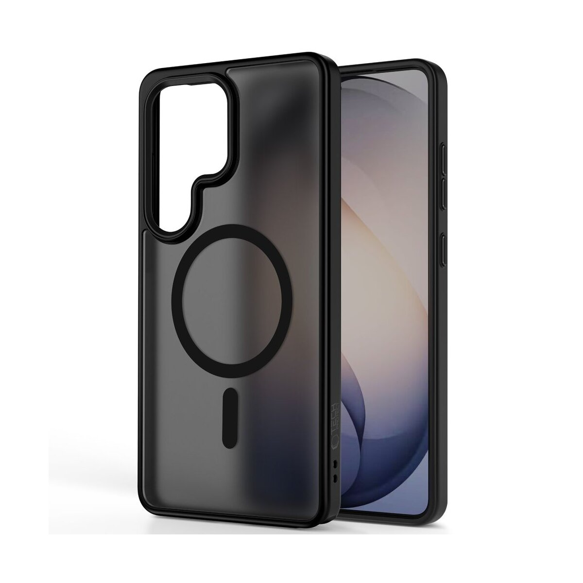 Schwarze Handyhülle mit Magnetring und integriertem Smartphone.