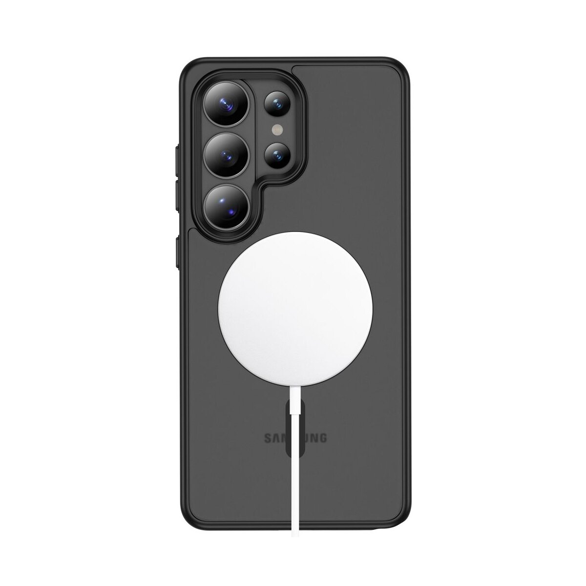 Schwarzes Handy mit MagSafe-Ladegerät und Kamera-Array auf weißem Hintergrund.