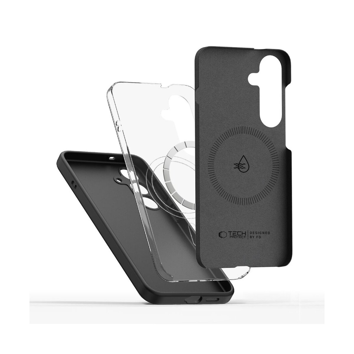 Zwei Handyhüllen: eine schwarze und eine transparente. Eine hat ein Wassersymbol.