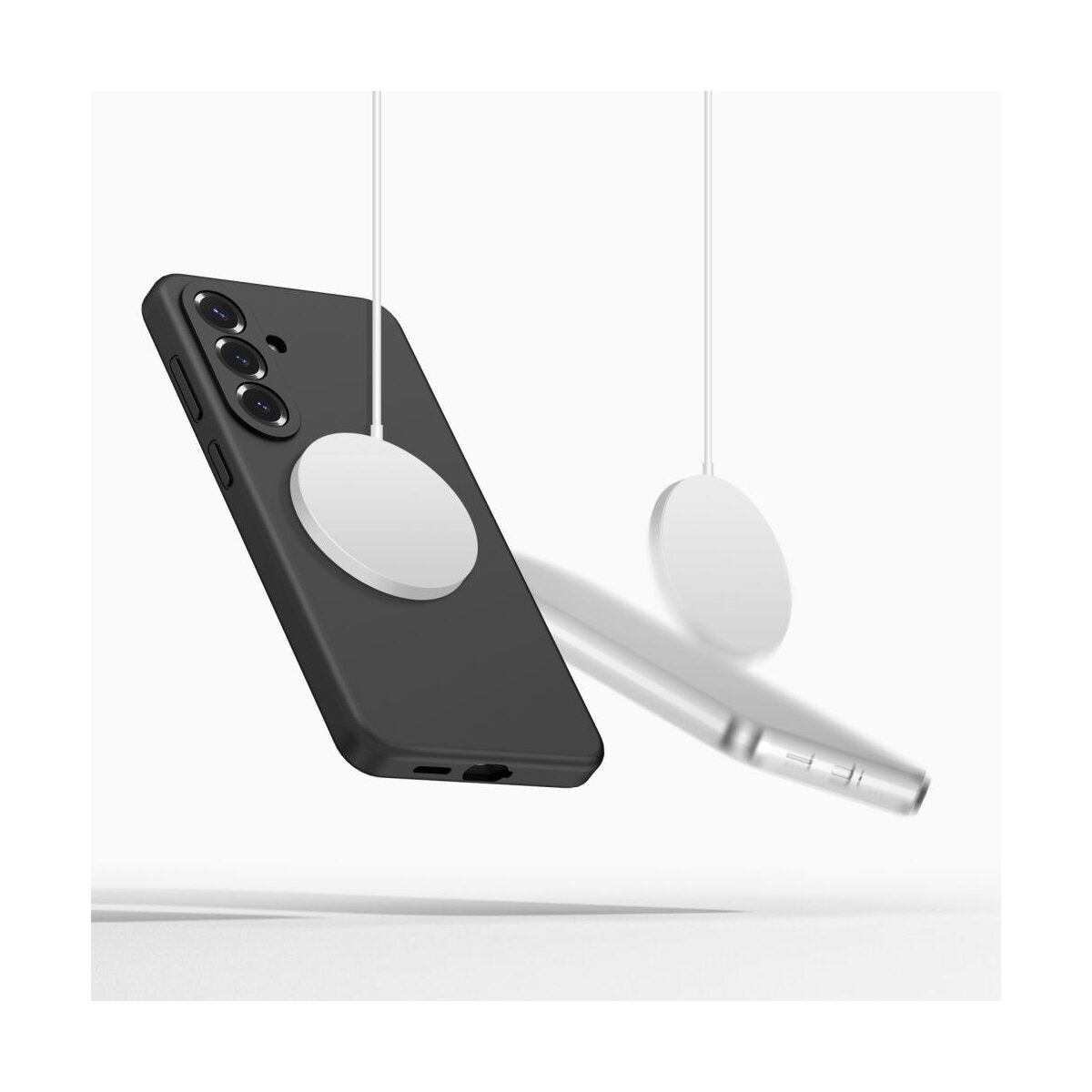 Schwarzes Handy mit weißem Ladekabel und Ladegerät hängt im Raum.
