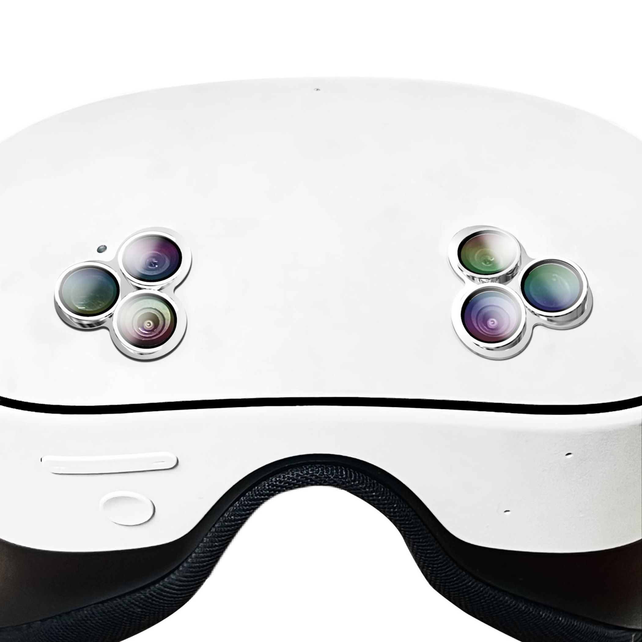 Eine weiße VR-Brille mit drei Kameras auf der Oberseite und einem schwarzen Polster.