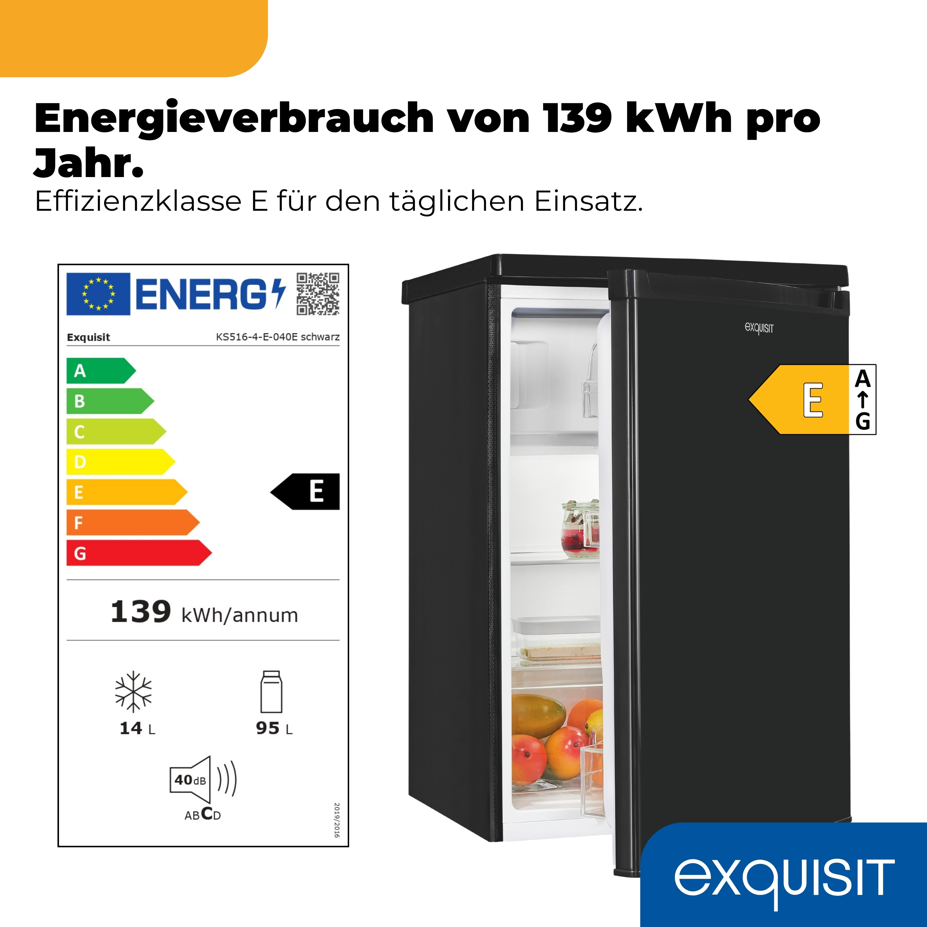 Schwarzer Kühlschrank mit Energieeffizienzklasse E und Angabe von 139 kWh/Jahr.