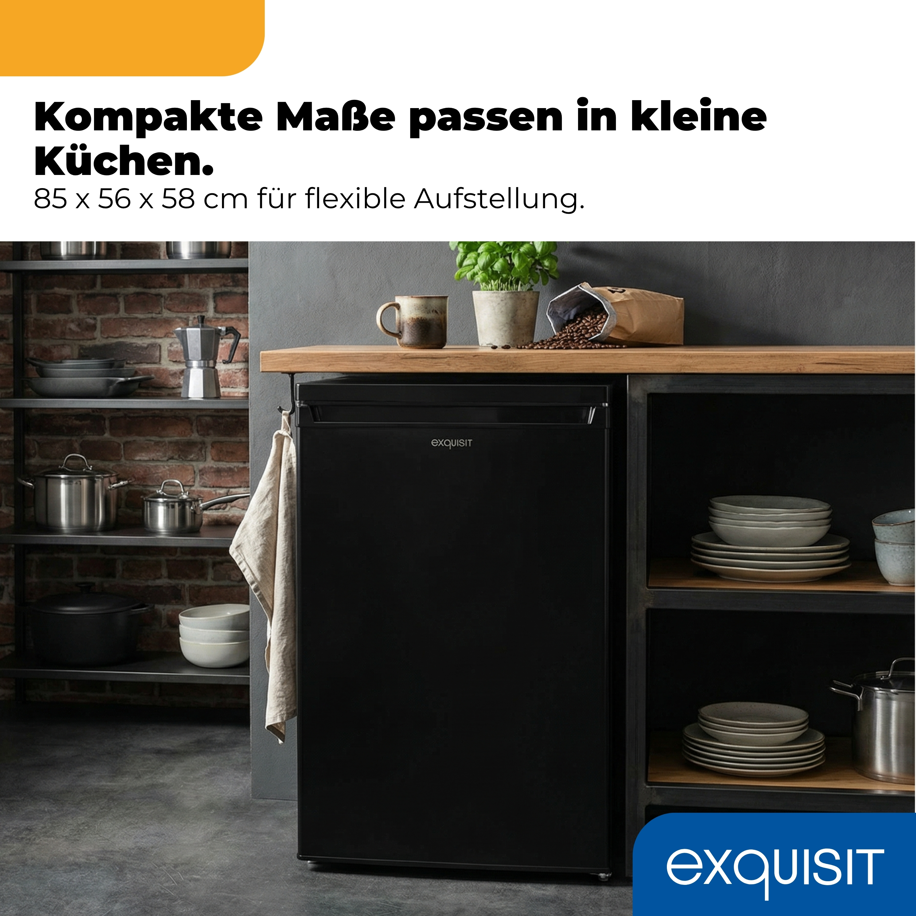 Ein schwarzer Kühlschrank steht neben Regalen mit Geschirr und Kochutensilien.