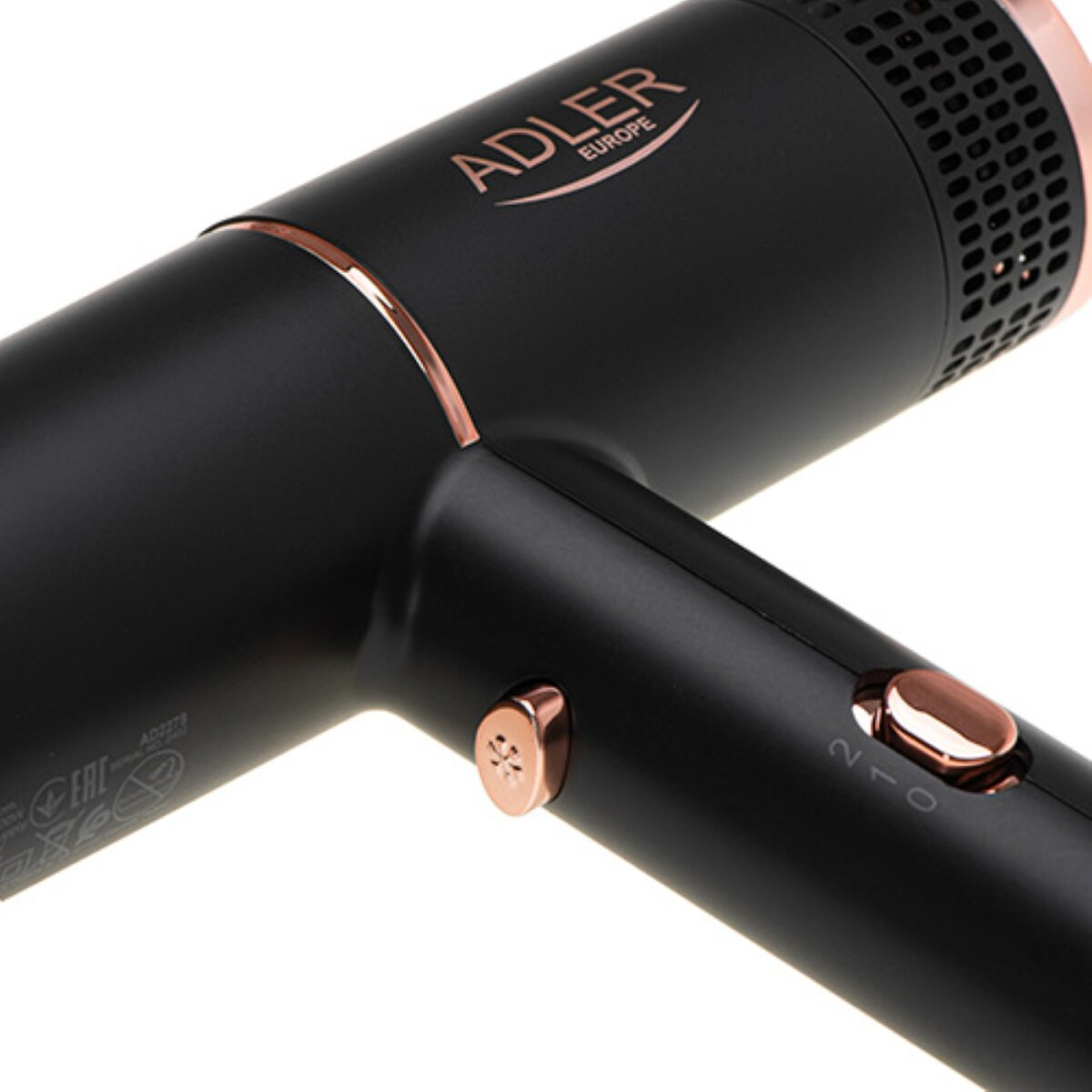 Asciugacapelli nero con accenti oro rosa, logo Adler e controlli.