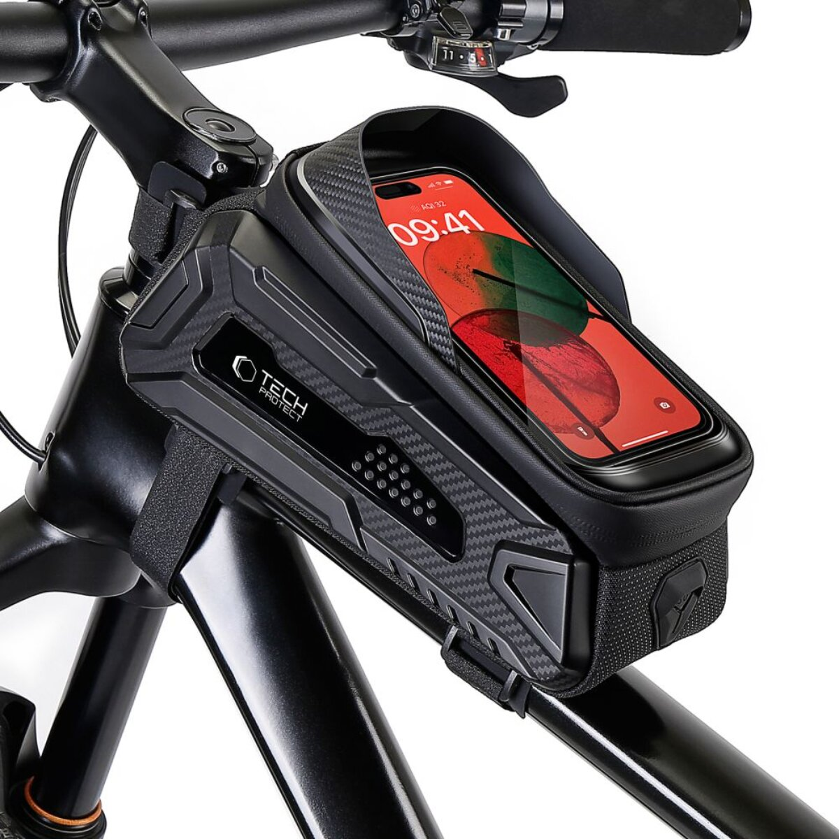 Bolsa negra para cuadro de bicicleta con soporte para teléfono. Textura de fibra de carbono.