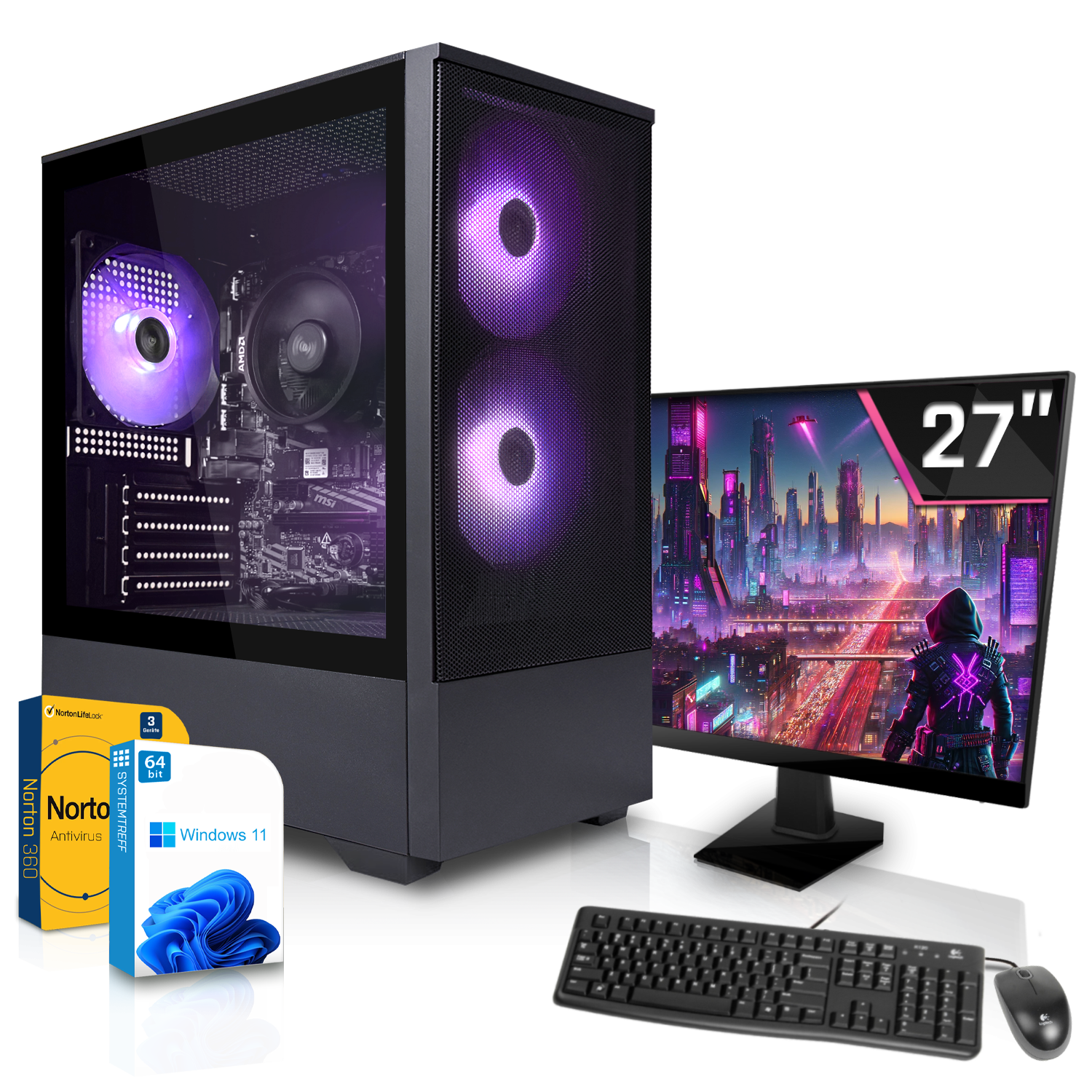 Ein Gaming-PC mit lila Lichtern, 27-Zoll-Monitor mit futuristischer Stadt, Tastatur, Maus und Softwareboxen.