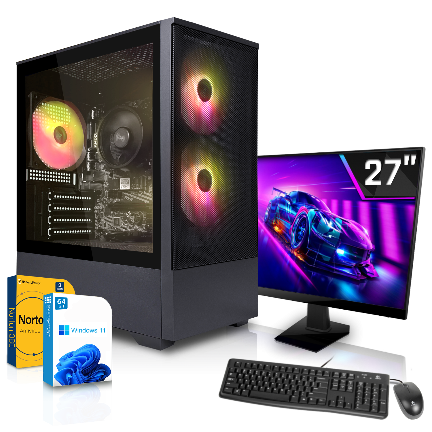 Ein Gaming-PC mit RGB-Lüftern, 27-Zoll-Monitor, Tastatur, Maus, Norton und Windows.