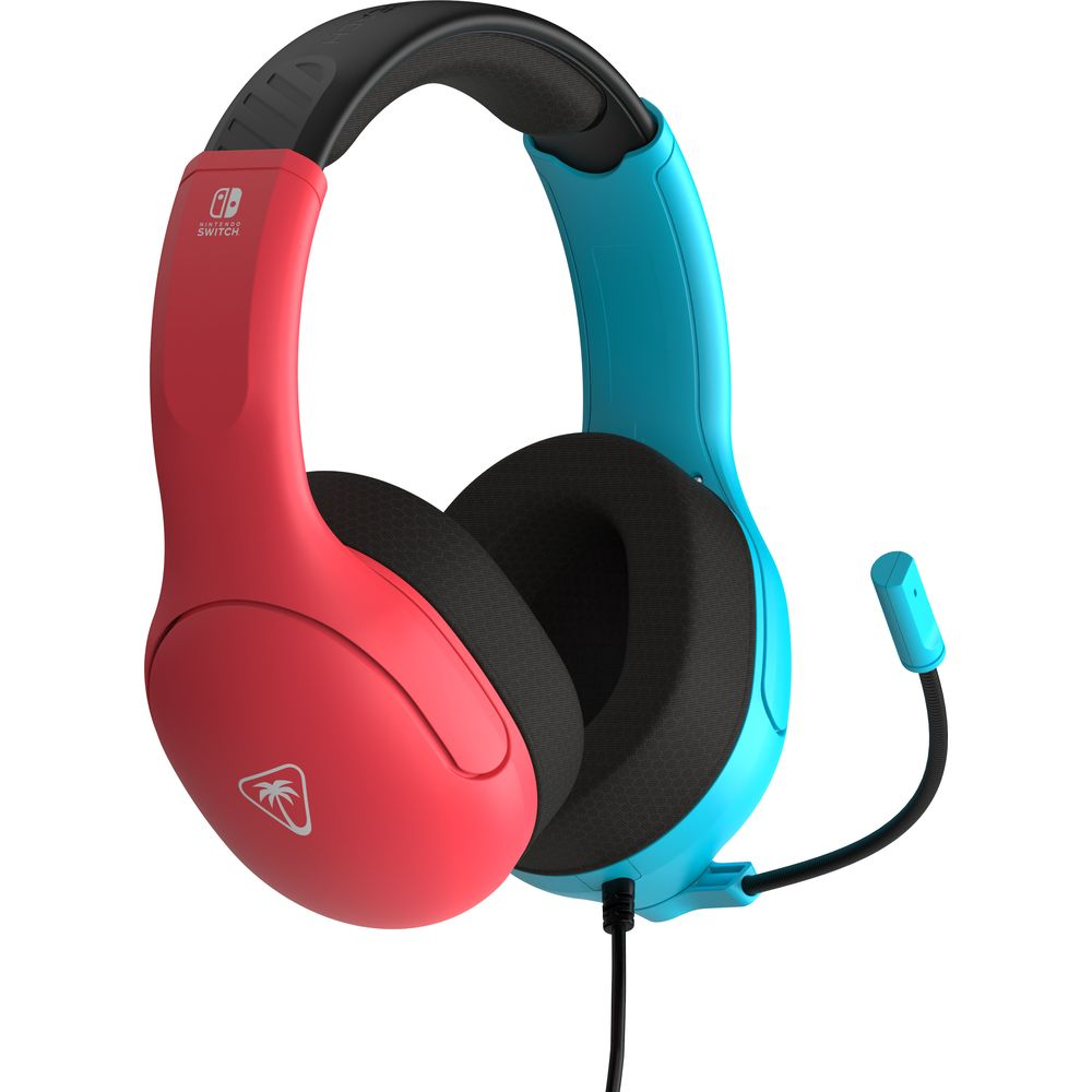 Rotes und blaues Nintendo Switch Headset mit schwarzen Ohrmuscheln und Mikrofon.