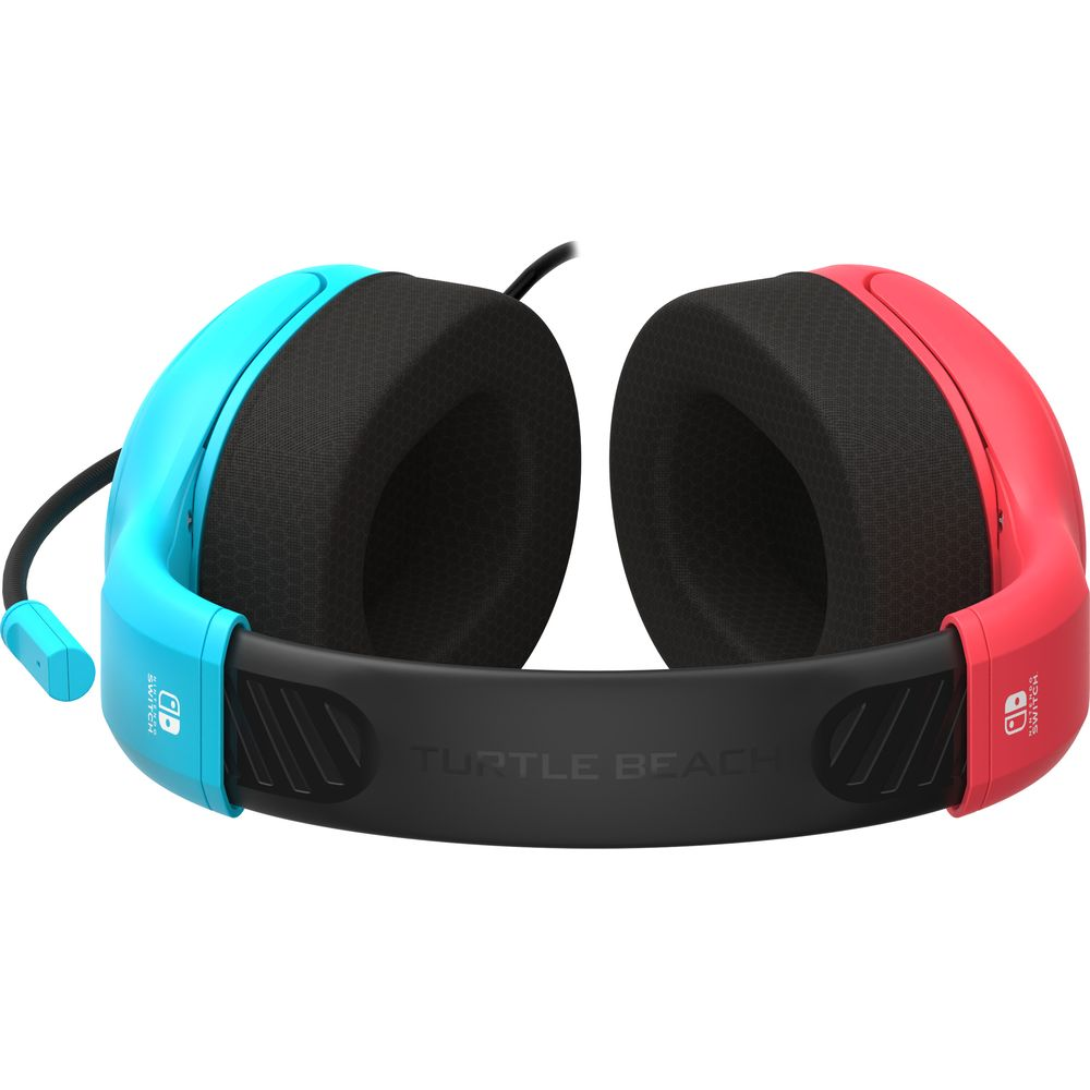 Blau-rotes Turtle Beach Headset mit schwarzen Ohrmuscheln und Kopfbügel. Nintendo Switch Logos sichtbar.