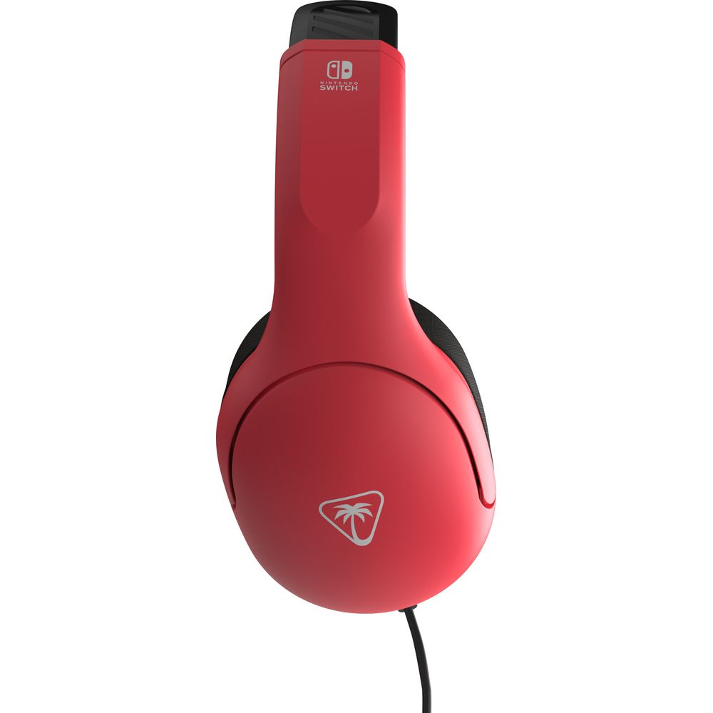 Rote Nintendo Switch Kopfhörer mit Palmbaum-Logo und schwarzem Kabel.