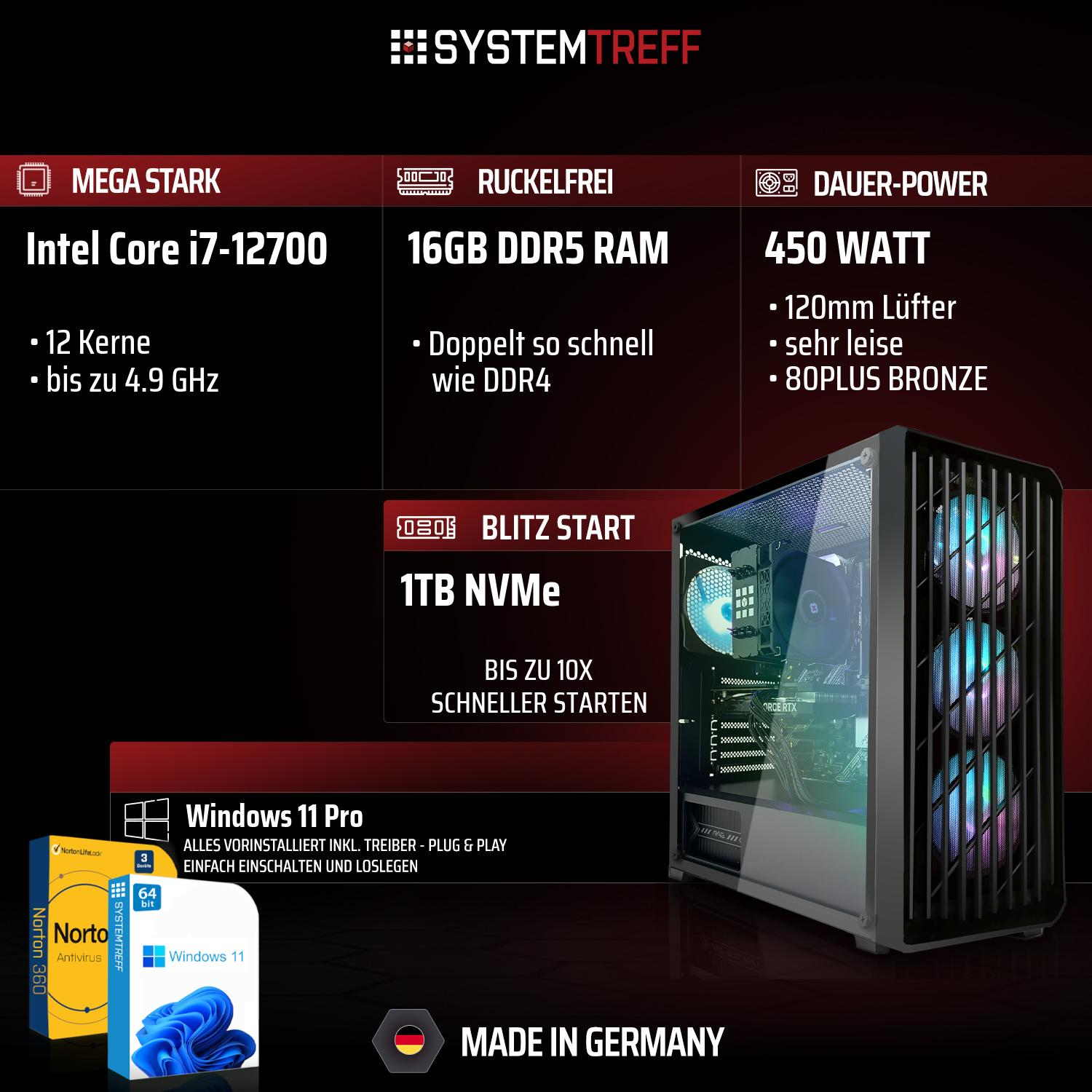 Gaming-PC mit Intel Core i7, 16GB DDR5 RAM, 1TB NVMe, 450W Netzteil, Windows 11 Pro.
