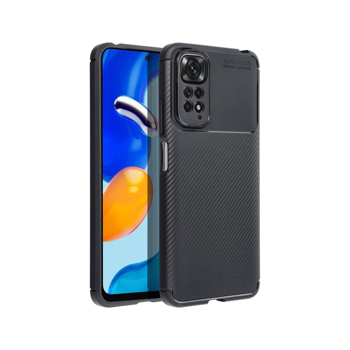 Schwarzes Smartphone in einer Hülle mit Karbonfasermuster und Kameramodul.