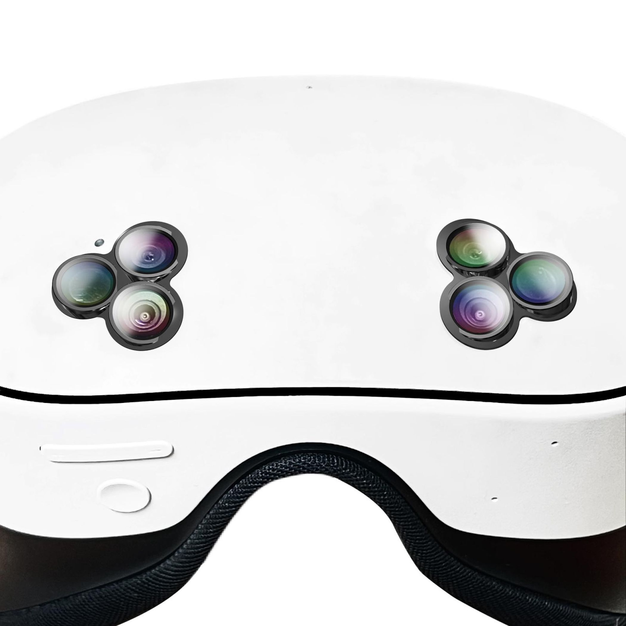 Weiße VR-Brille mit zwei Dreifach-Kamera-Modulen und schwarzen Polstern.
