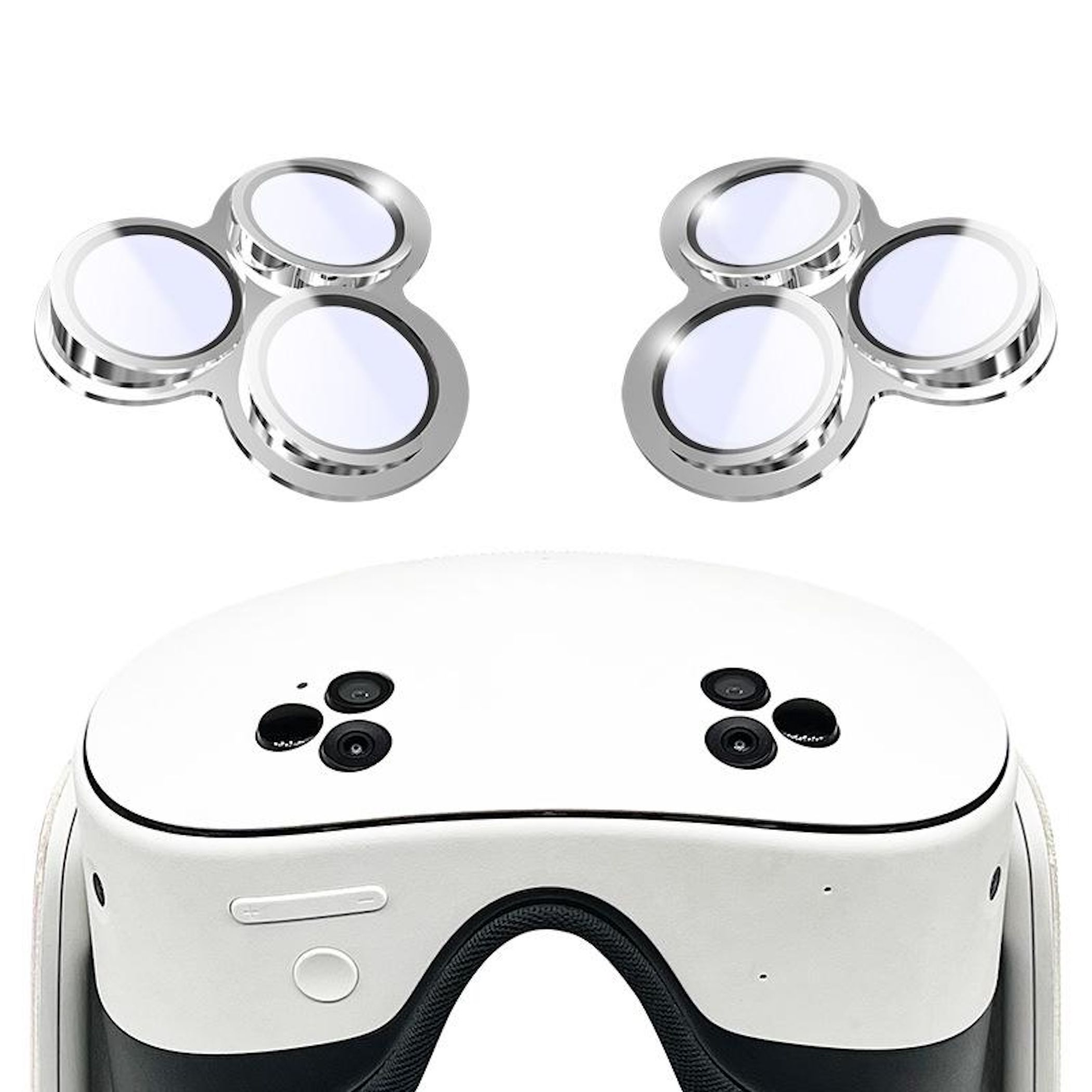 Zwei Sätze silberner Linsenschutz über einem weißen VR-Headset mit schwarzen Akzenten.