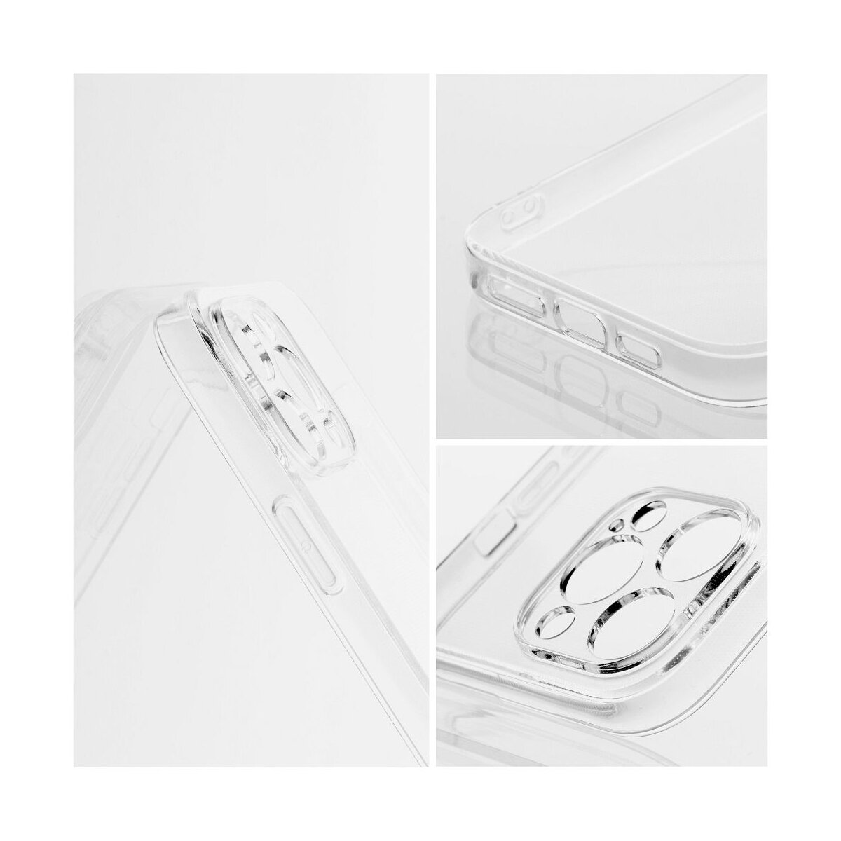Transparente Handyhülle mit Ausschnitten für Kameras und Tasten.