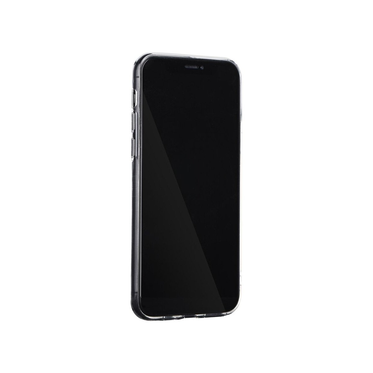 Ein schwarzes Smartphone mit transparentem Gehäuse auf weißem Hintergrund.