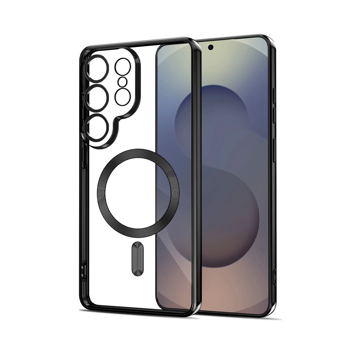 Transparente Handyhülle mit schwarzem Rahmen und Magnetring.
