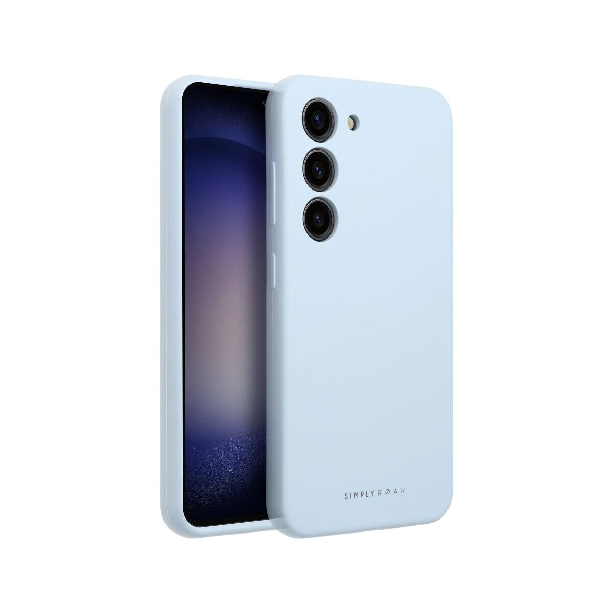 Ein hellblaues Smartphone mit drei Kameras und einem Bildschirm.