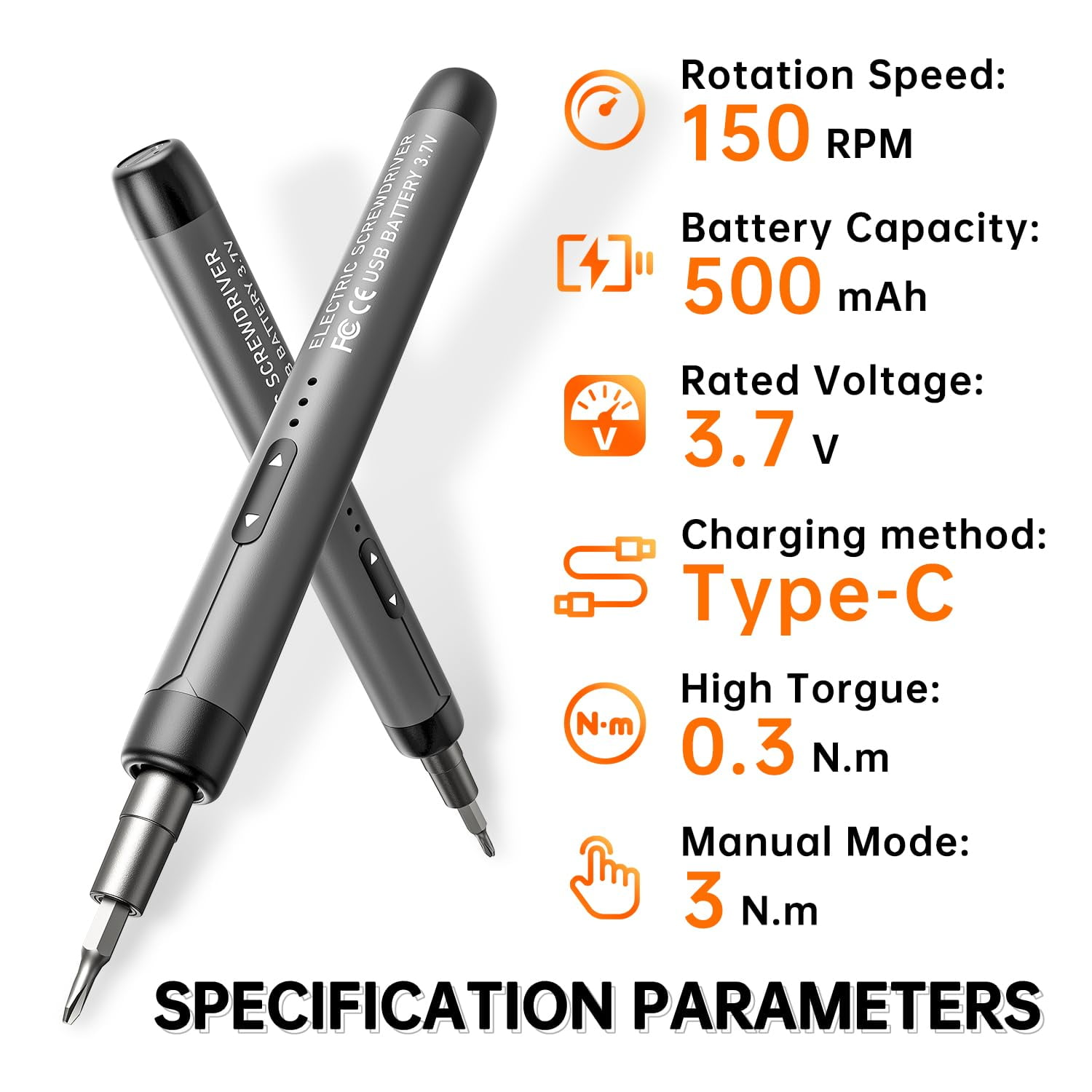 Zwei graue Schraubendreher mit Spezifikationen: 150 U/min, 500 mAh, 3,7 V, Typ-C.
