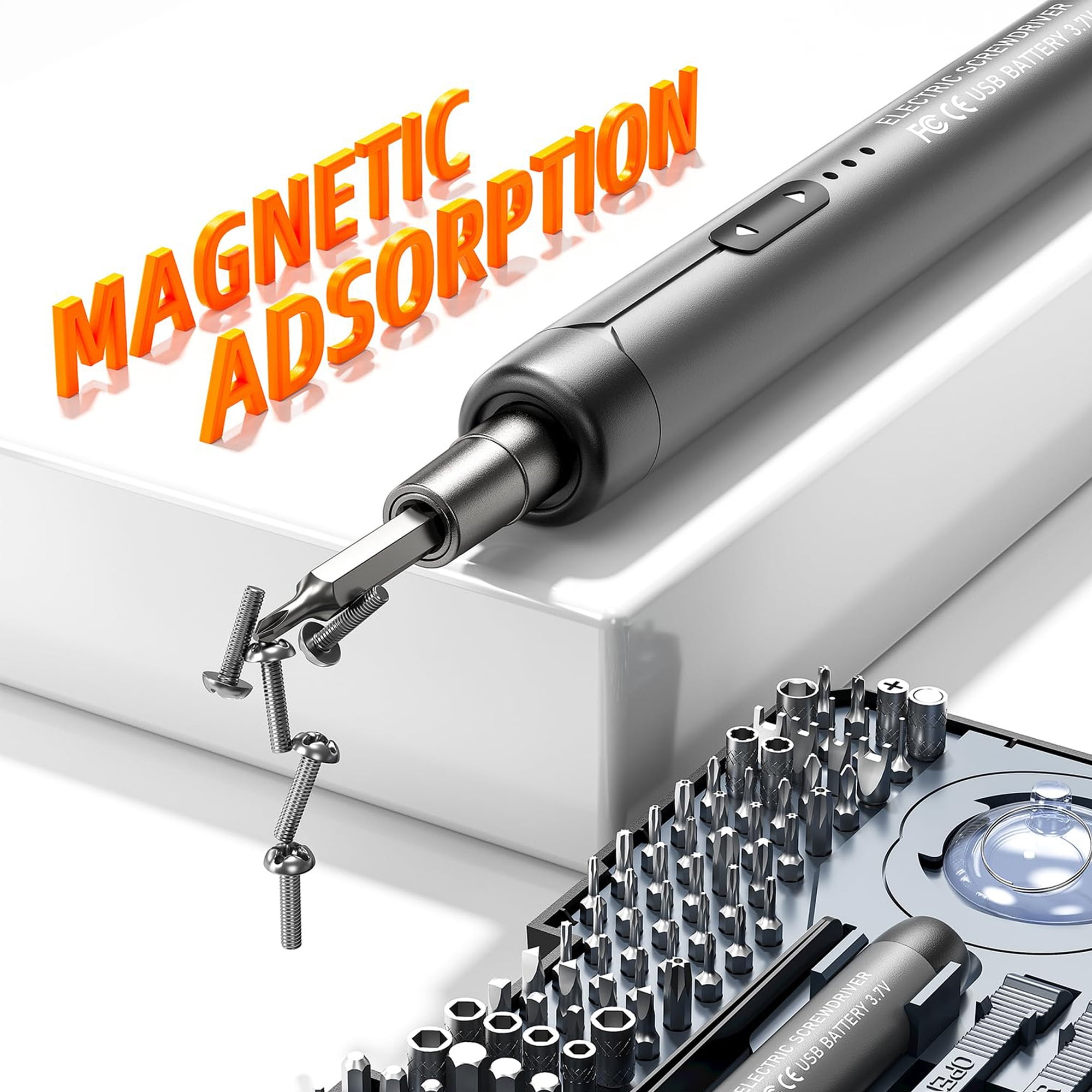Grauer elektrischer Schraubendreher mit magnetischer Adsorption, der Schrauben hält. Bits-Schale.