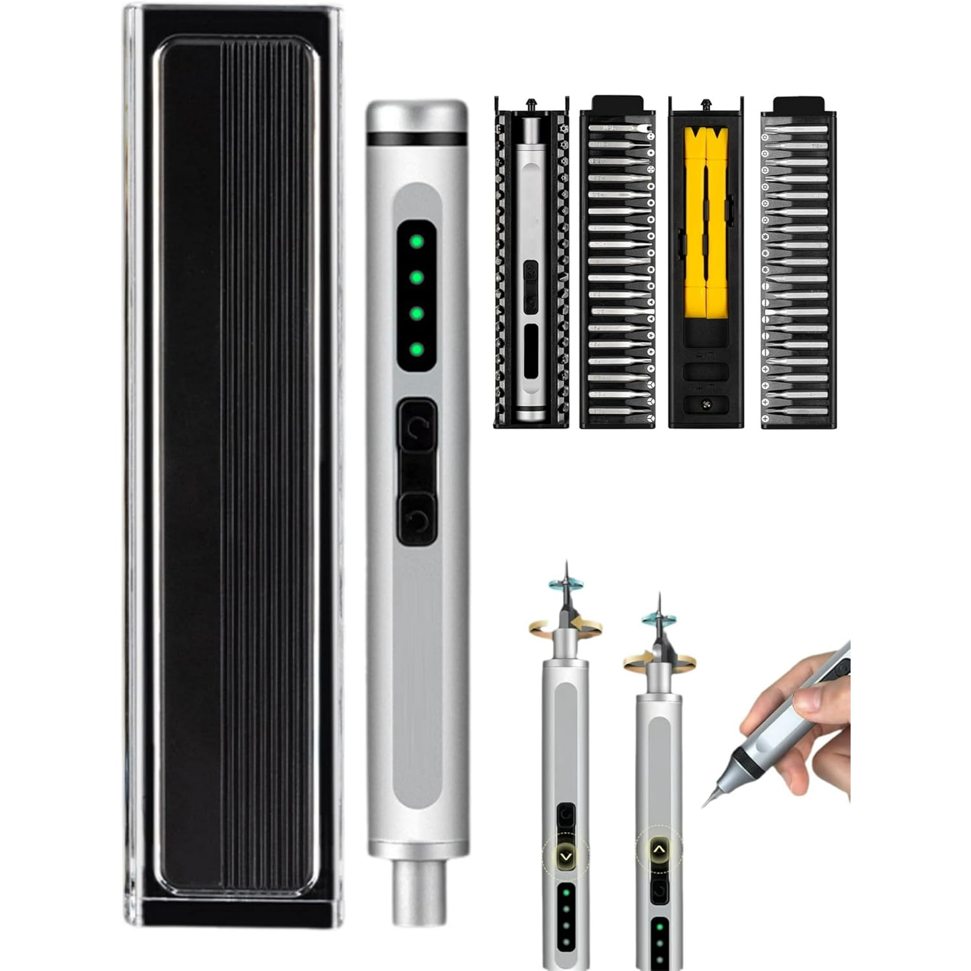 Ein silberner Schraubendreher-Set mit Bits, Ladebox und einer Hand, die einen Stift hält.