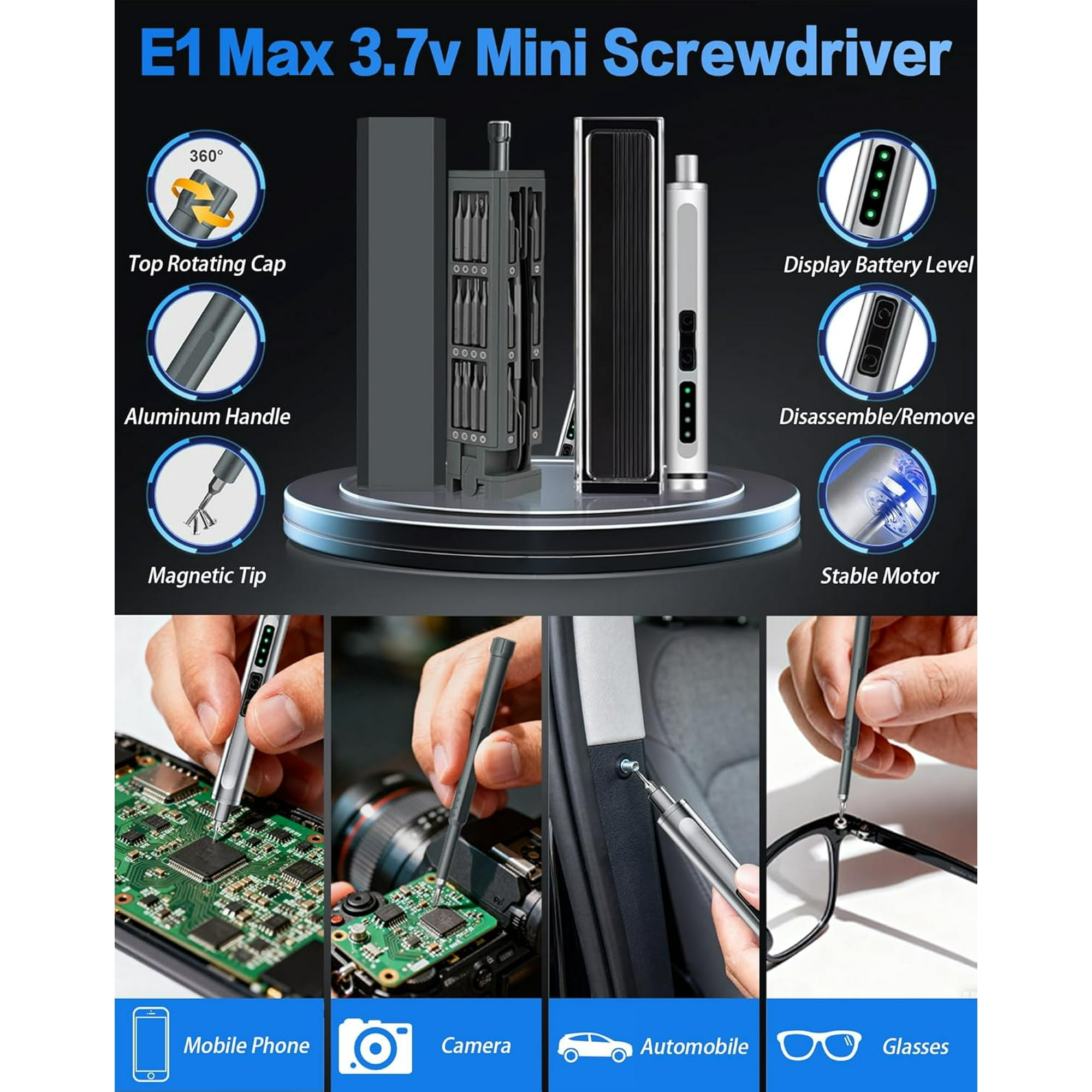 E1 Max 3,7-V-Mini-Schraubendreher mit Bits, Batterieanzeige und Anwendungsbeispielen.