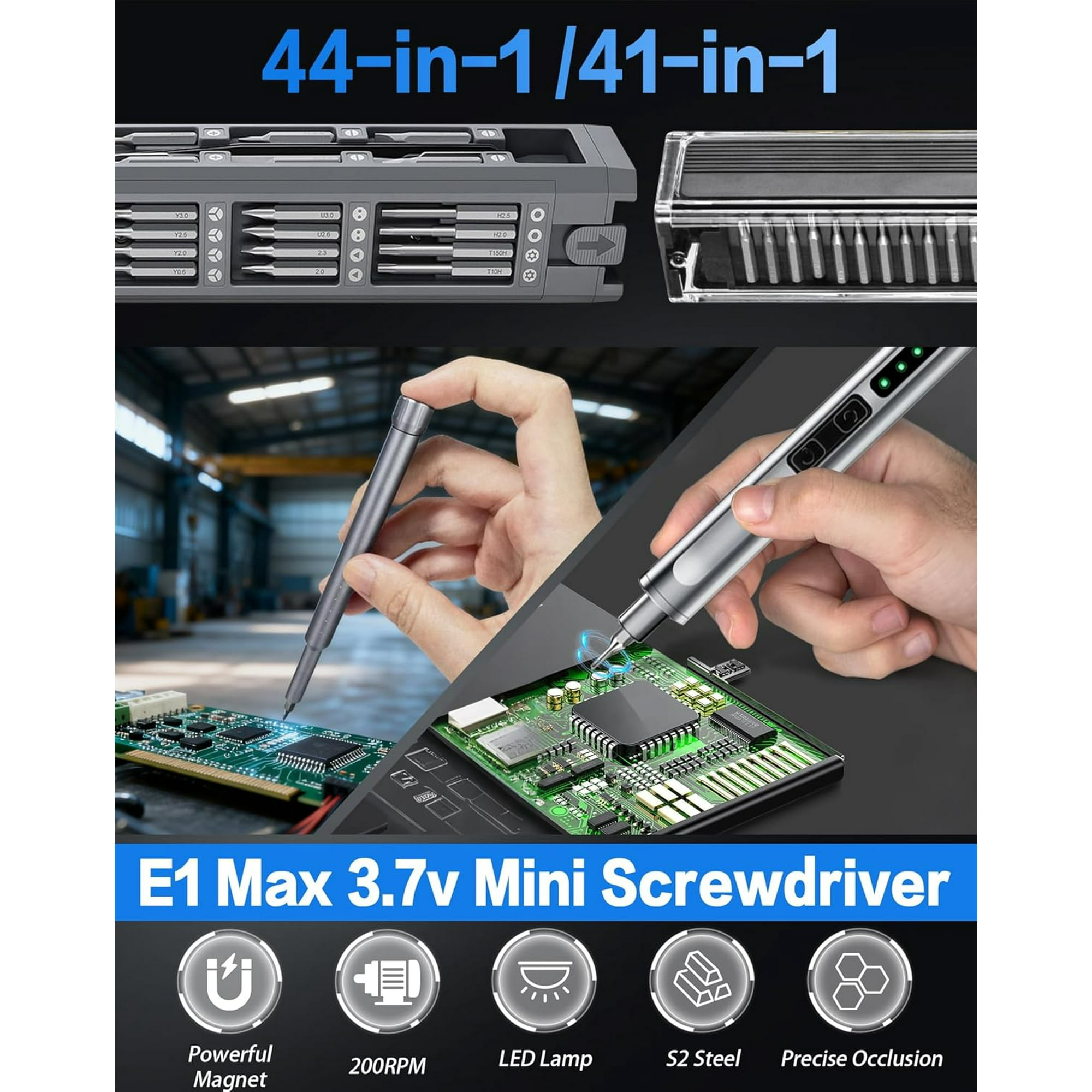Ein Werkzeugkasten mit Schraubendreher-Bits und ein Mann benutzt einen Mini-Schraubendreher.