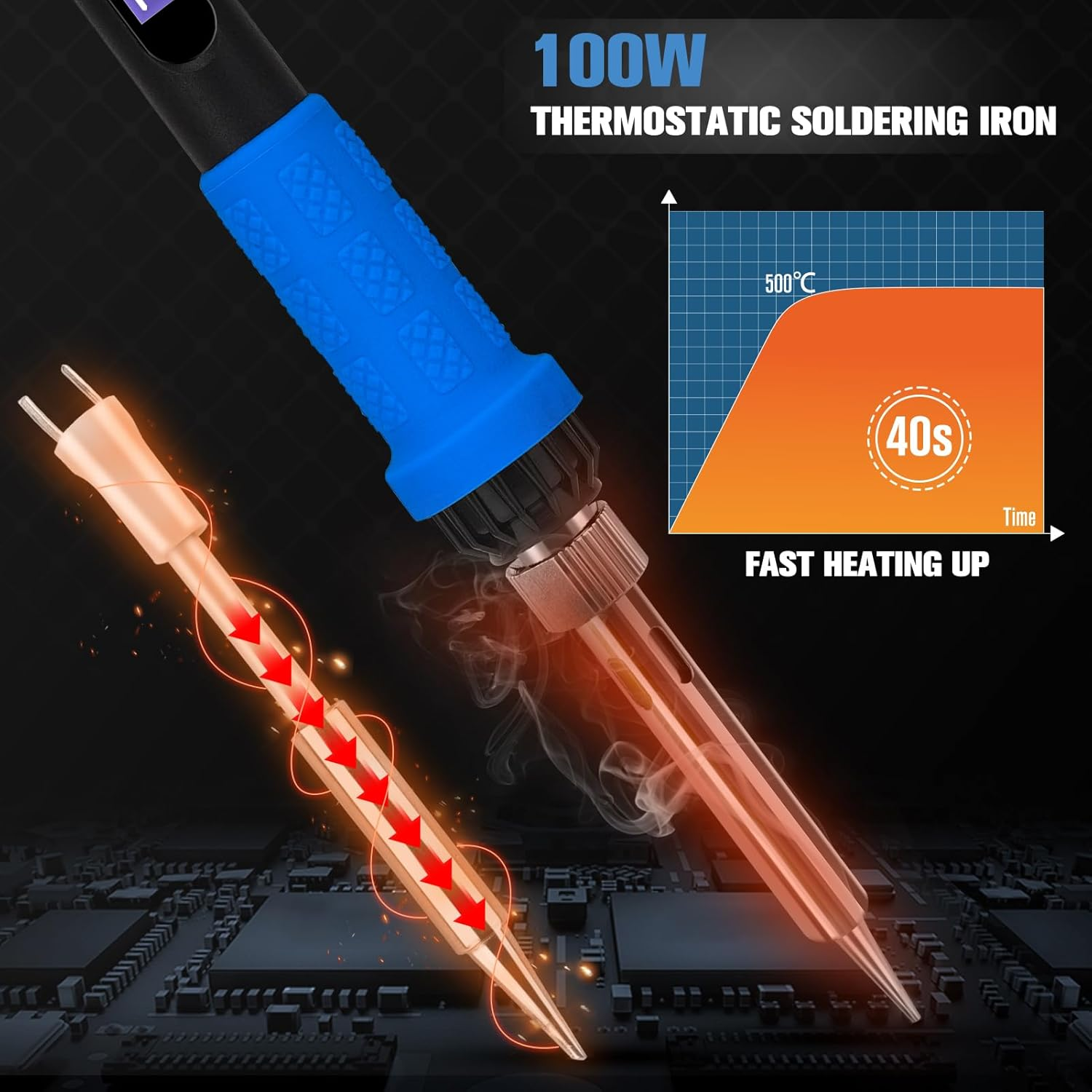 100W Lötkolben mit blauer Griff. Schnelles Aufheizen, 500°C in 40s.