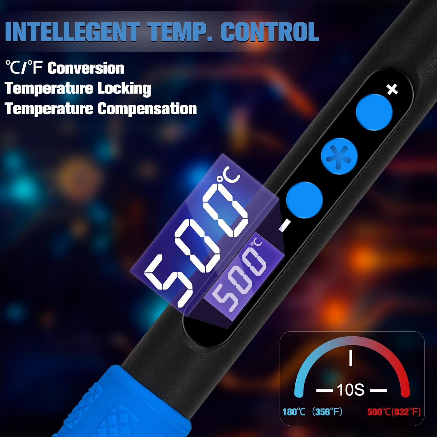 Digitalanzeige eines Lötgeräts mit 500°C, Steuertasten und Temperaturdiagramm.