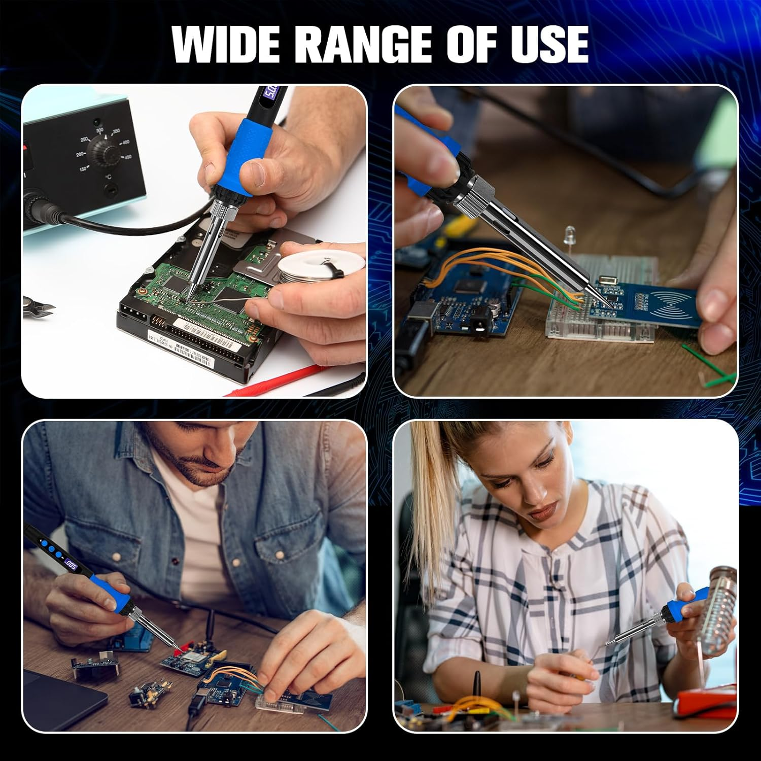 Vier Szenen zeigen Personen, die Lötgeräte für Elektronik verwenden.